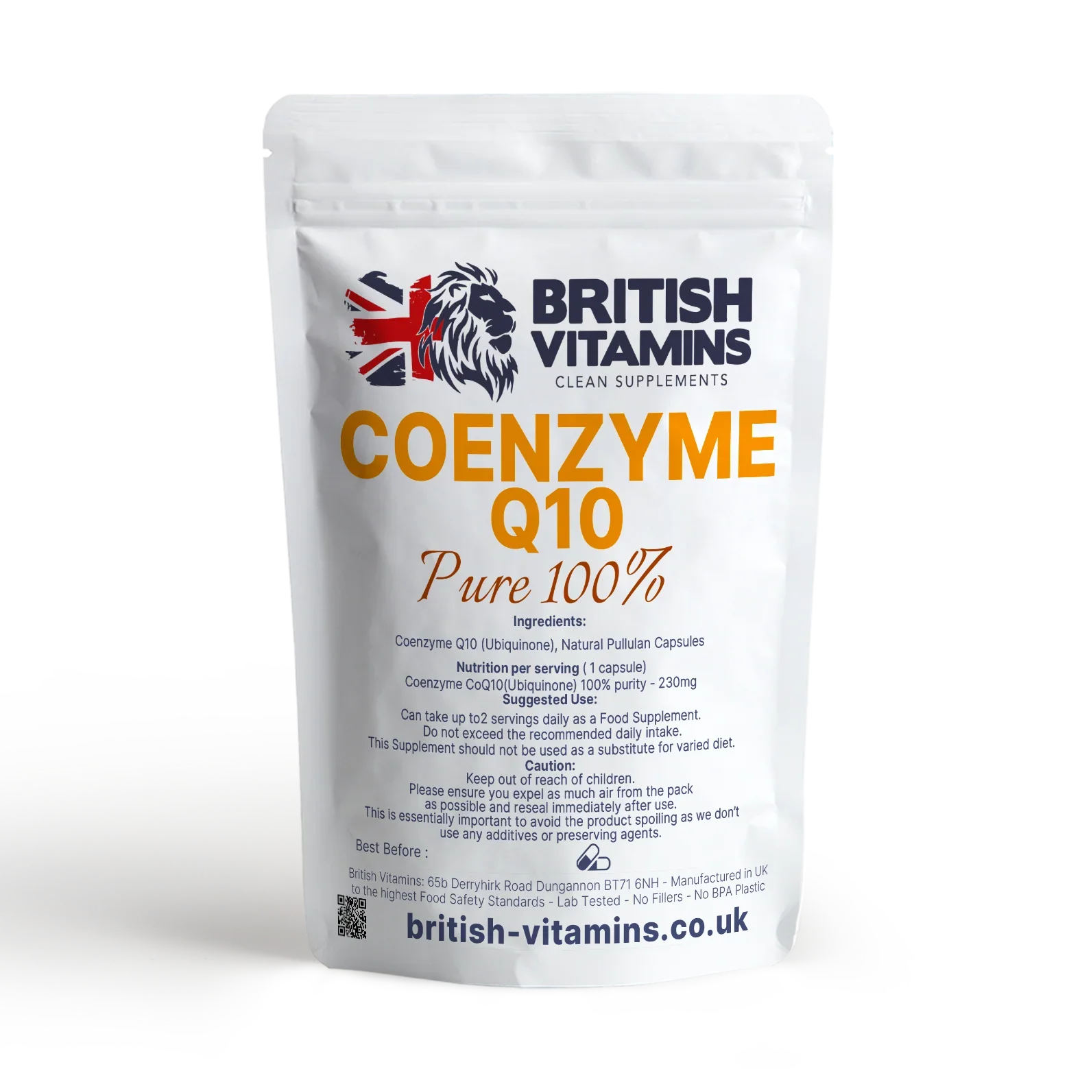 British Vitamins Coenzyme Q10 Pure 100% food supplement capsules in white resealable pouch