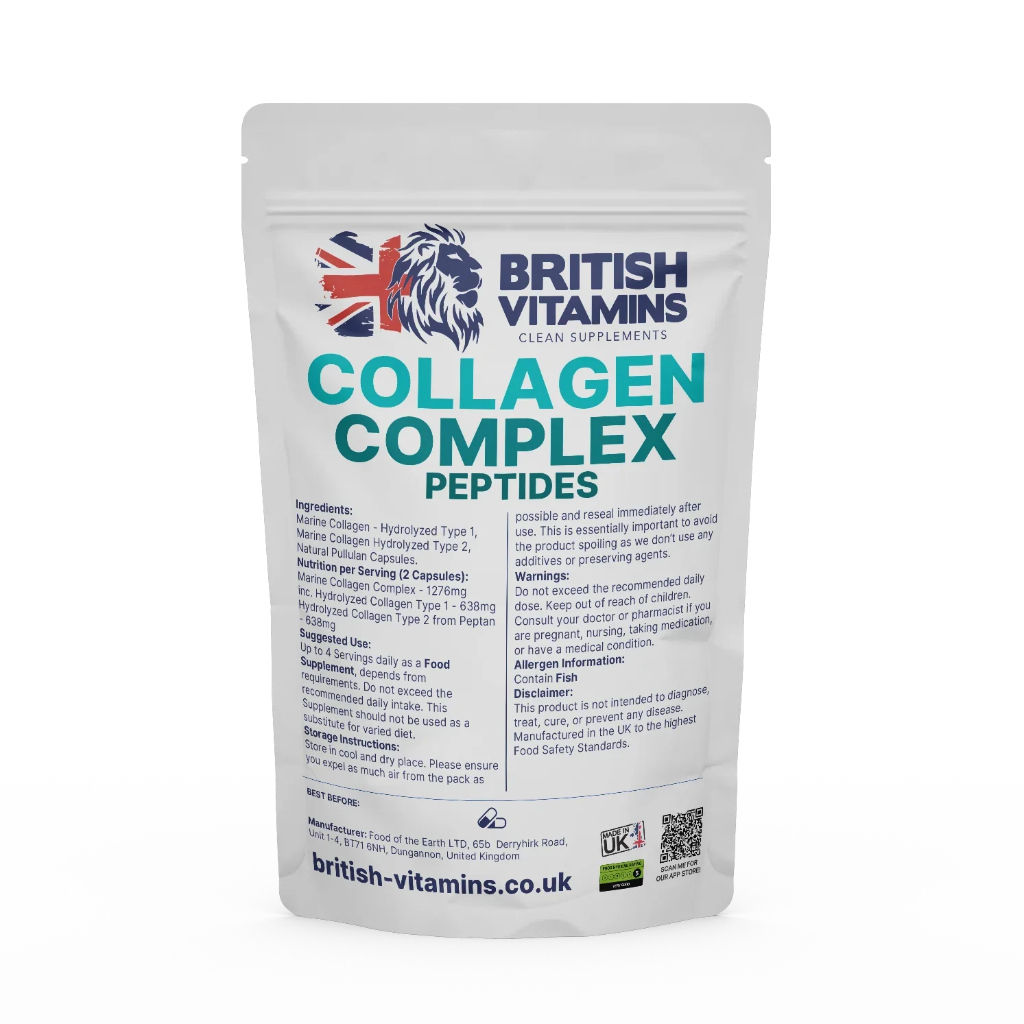 British Vitamins Collagen Complex Peptides food supplement in resealable pouch, marine collagen capsules