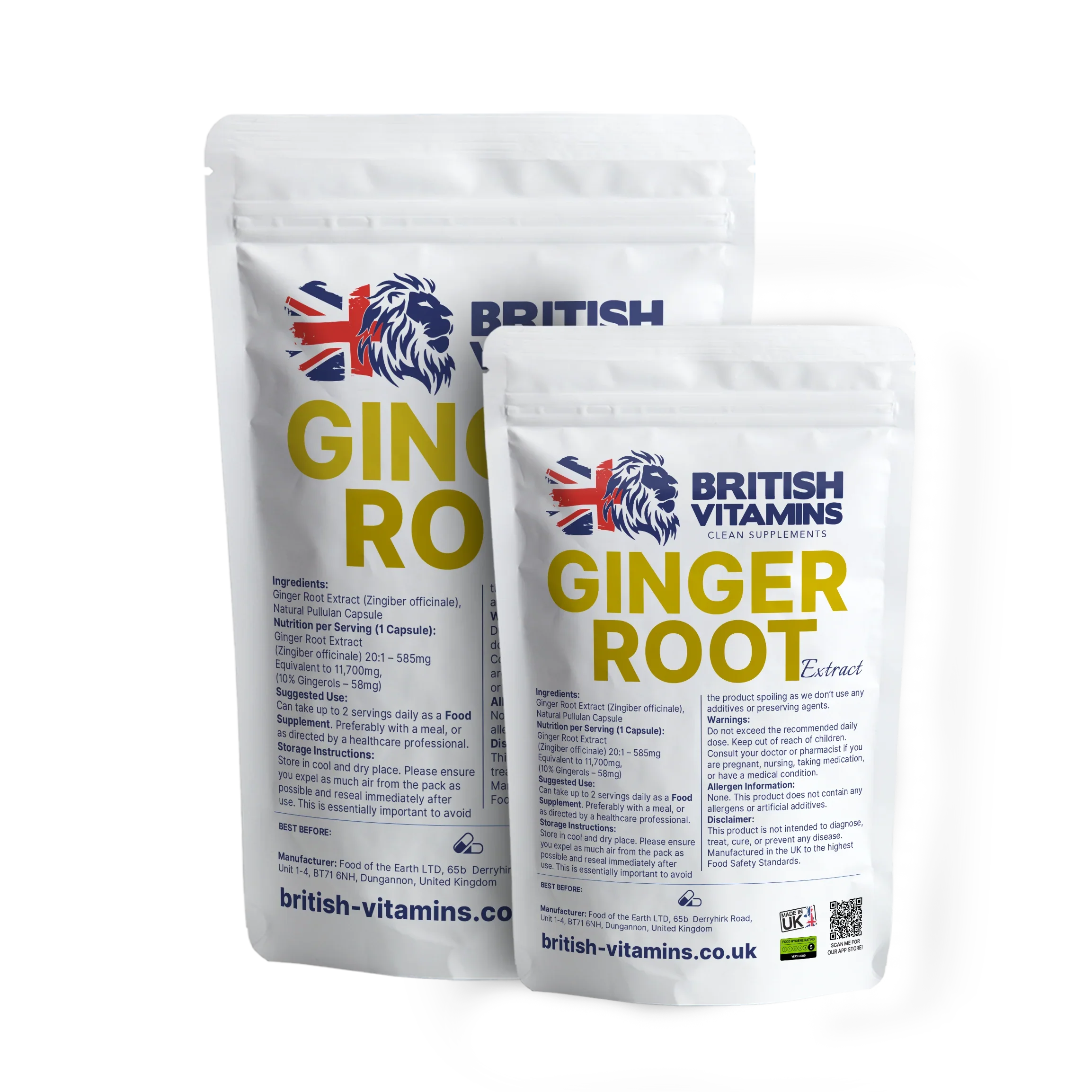 British Vitamins Ginger Root Extract food supplement capsules in white resealable pouches, health lifestyle vitamins collection