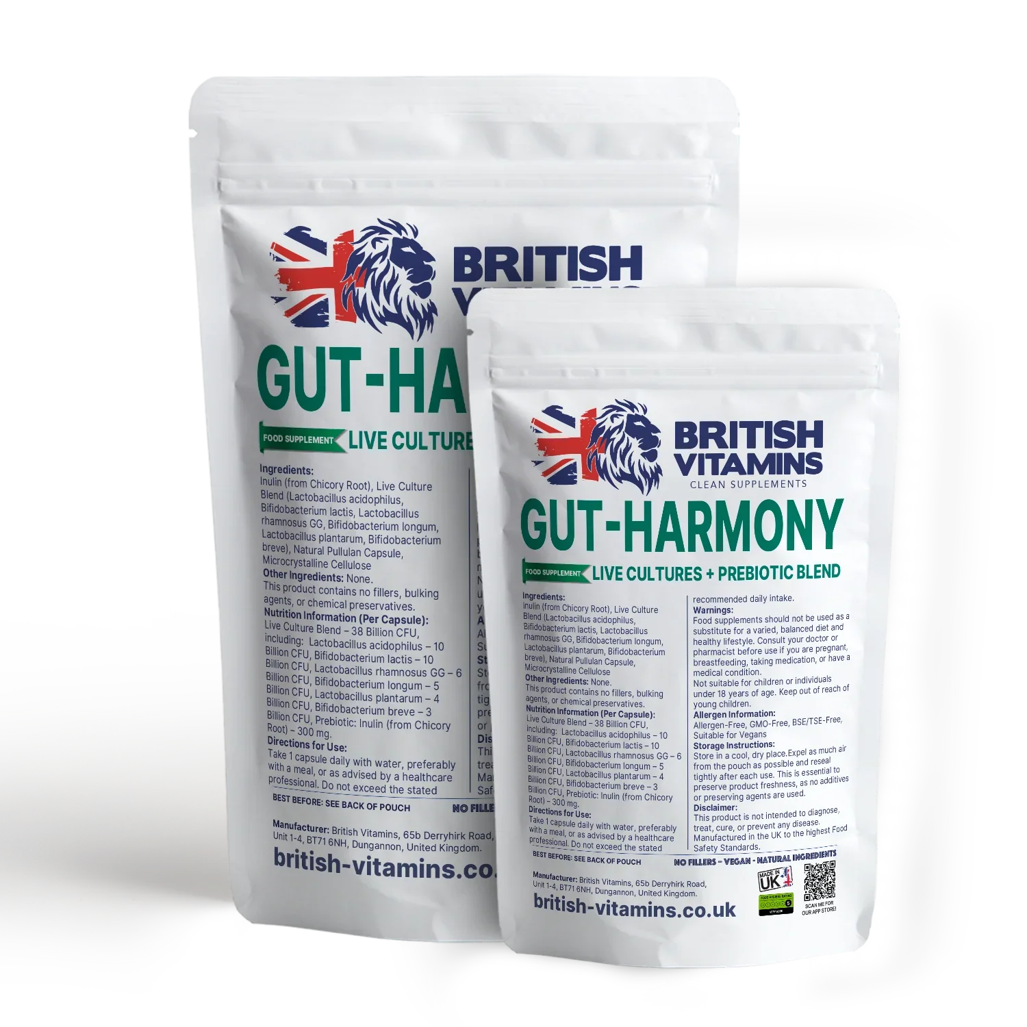 British Vitamins Gut-Harmony Live Cultures + Prebiotic Blend food supplement capsules, health supplement