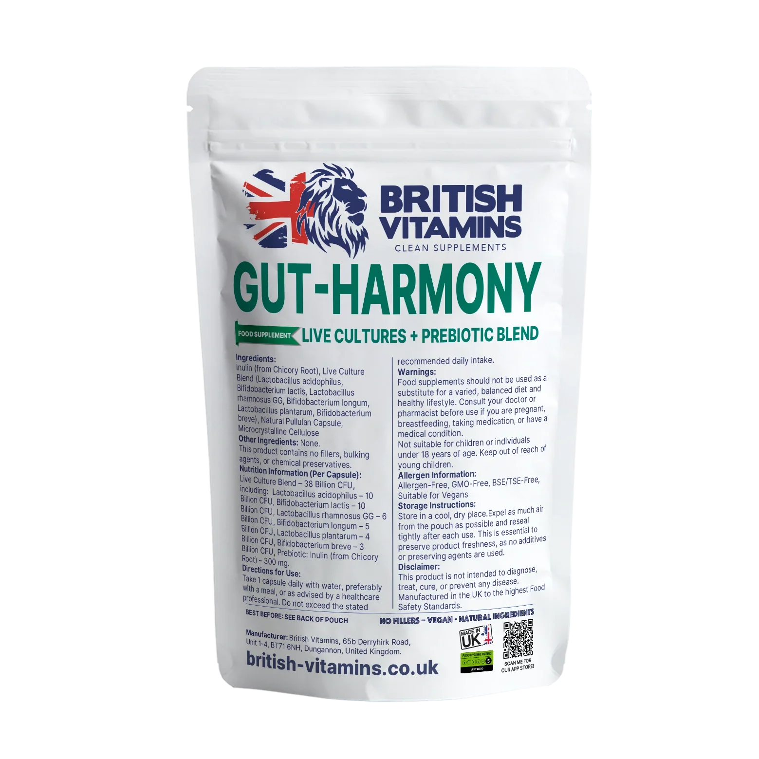 British Vitamins Gut-Harmony live cultures + prebiotic blend food supplement pouch for health