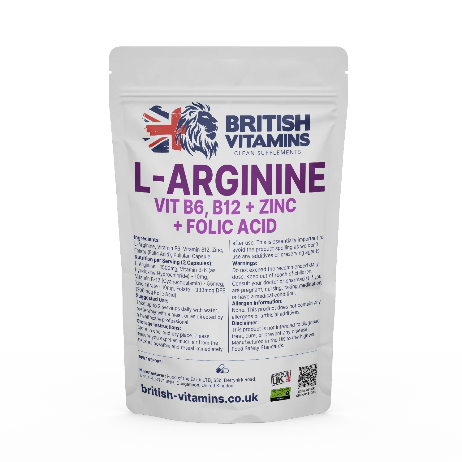 British Vitamins L-Arginine food supplement with vitamins B6, B12, zinc, and folic acid from clean supplements collection