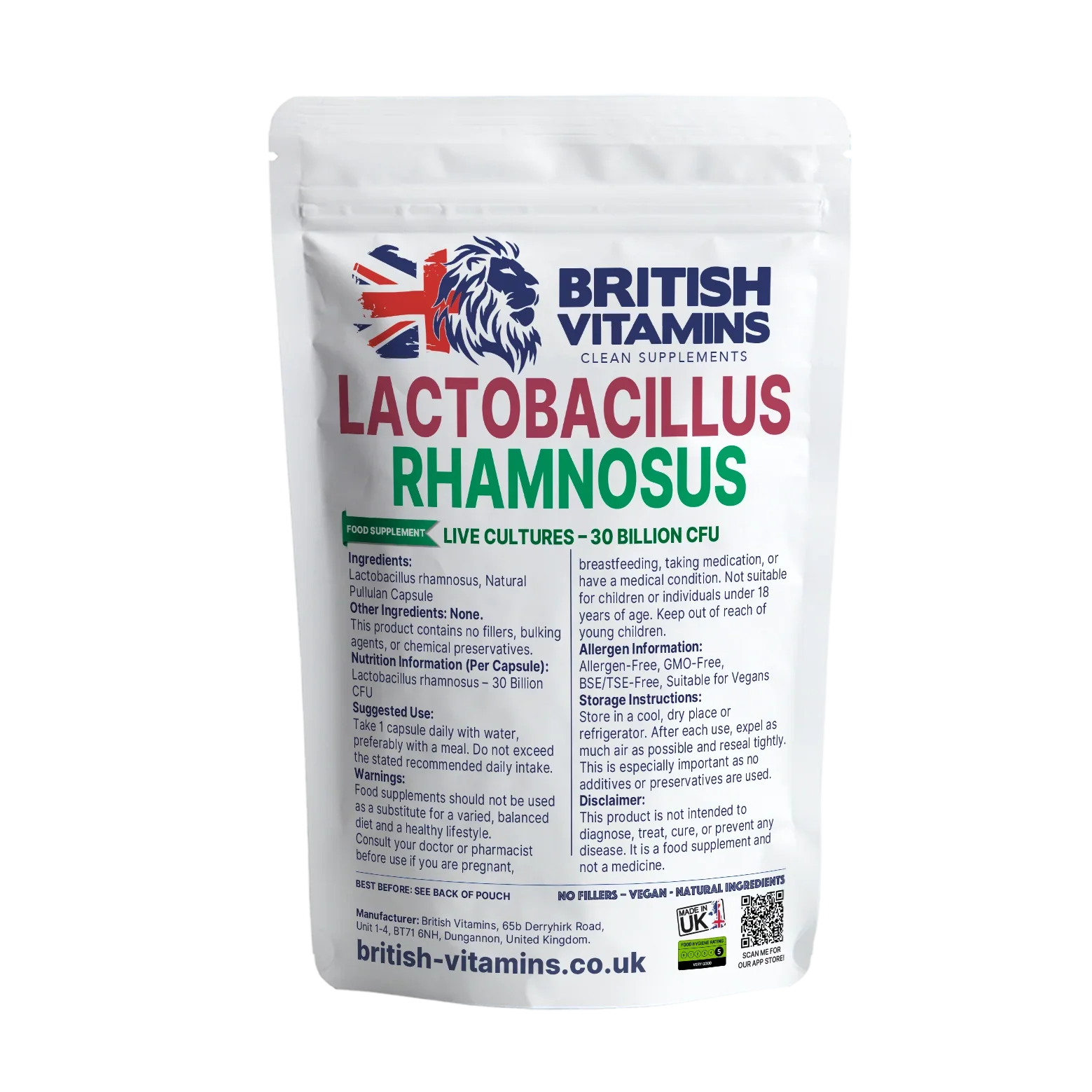 British Vitamins Lactobacillus Rhamnosus probiotic supplement pouch with live cultures 30 billion CFU food supplement