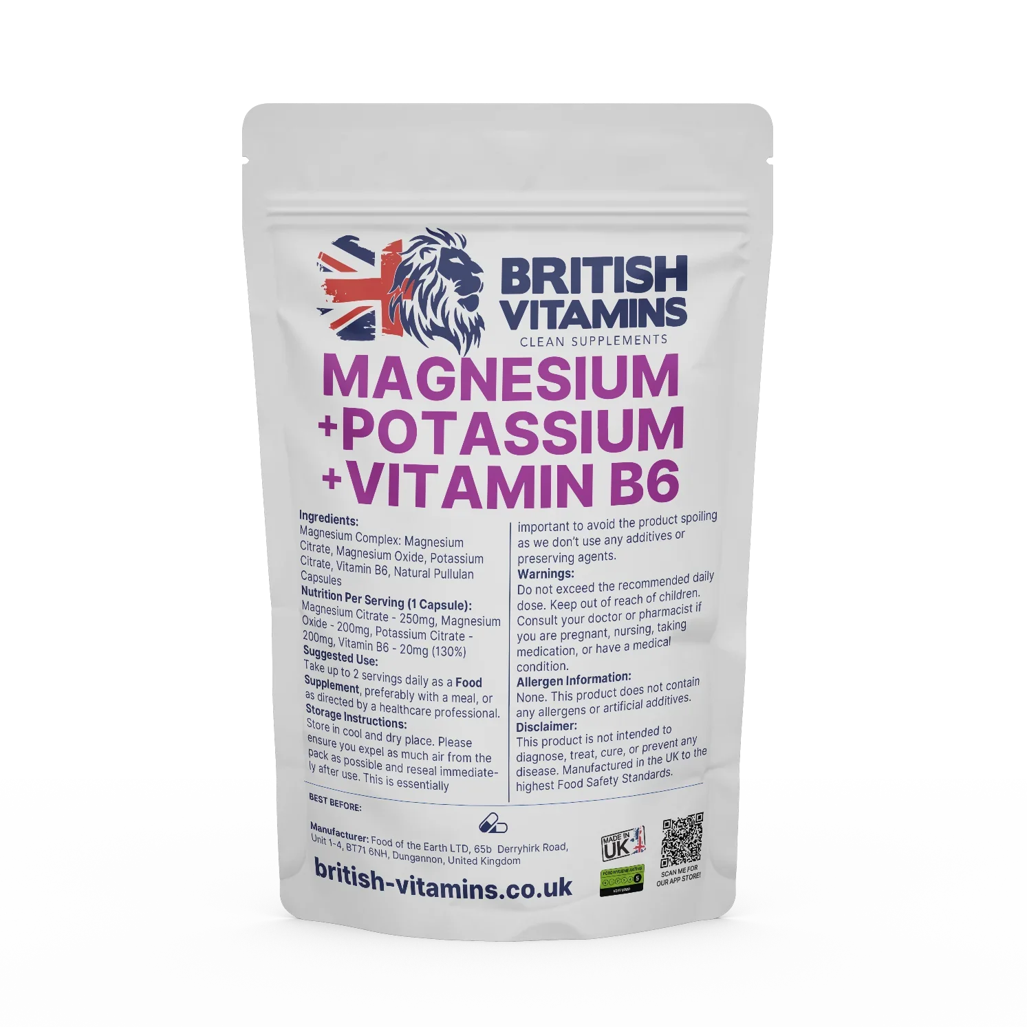 Magnesium Potassium and Vitamin B6 Health & Beauty:Vitamins & Lifestyle Supplements:Vitamins & Minerals British Vitamins 60 Capsules
