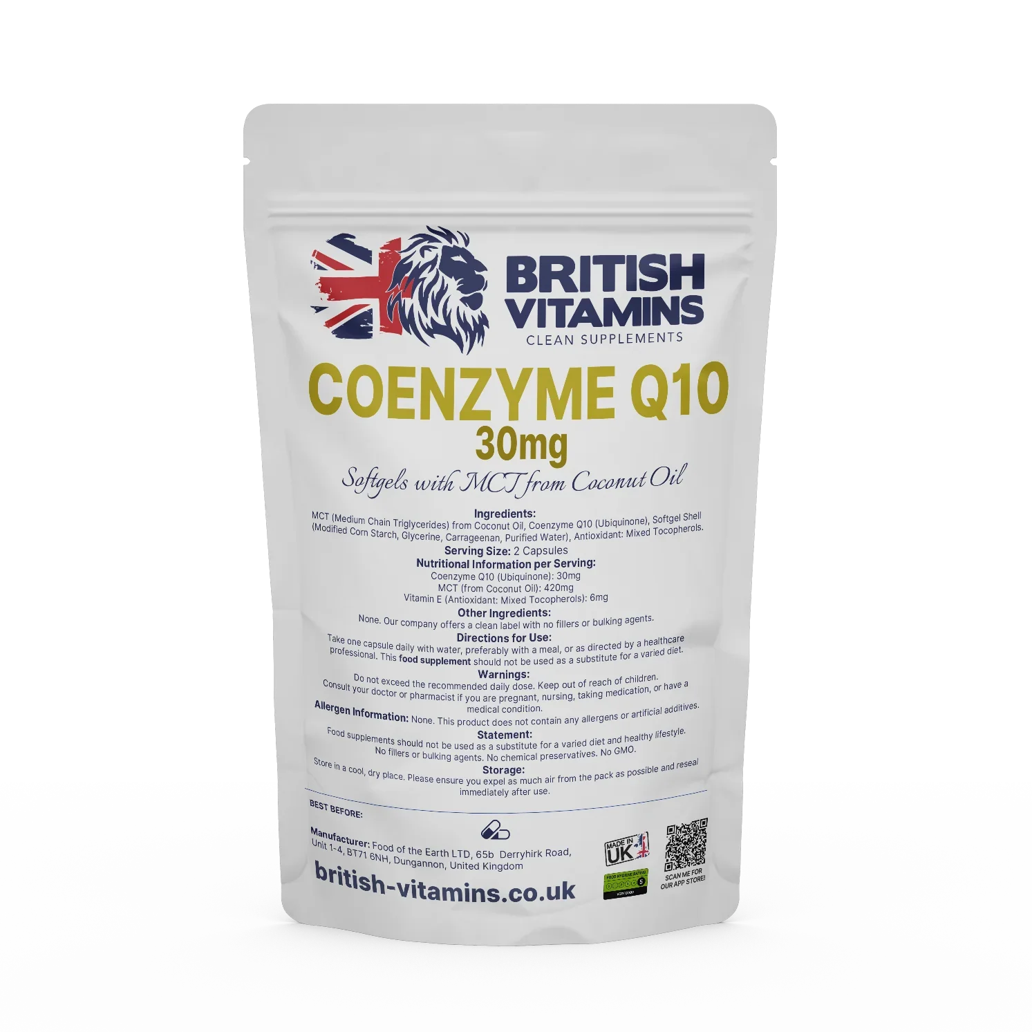 British Vitamins Coenzyme Q10 30mg softgels food supplement pouch from health supplements collection