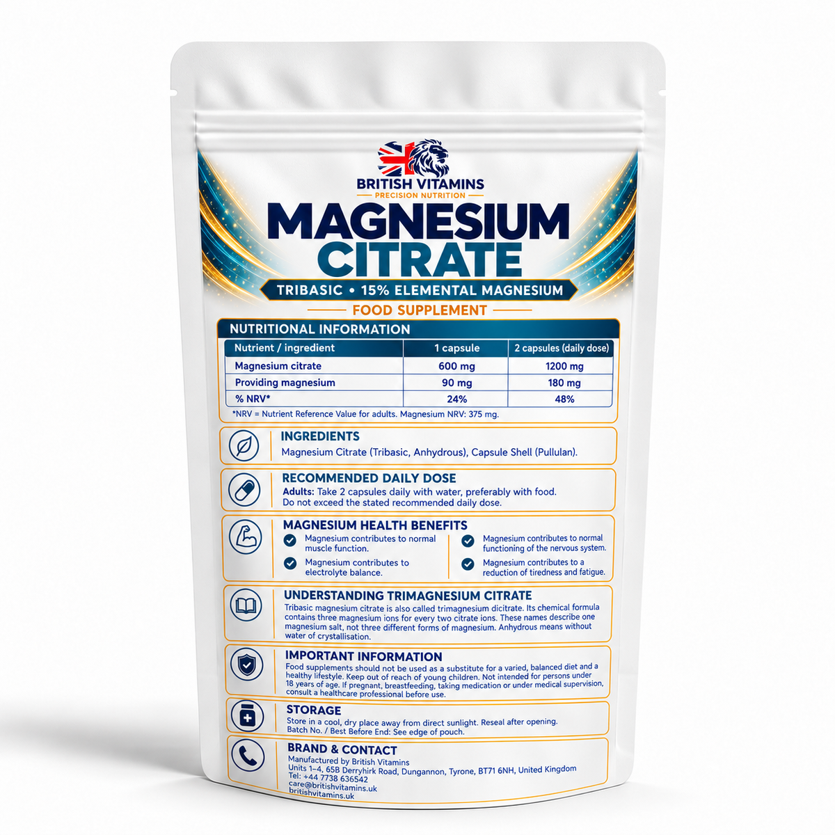 British Vitamins Magnesium Citrate 15% – ingredients and directions on back pouch