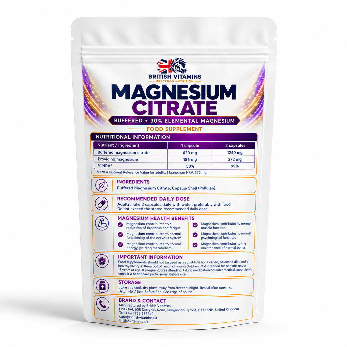 British Vitamins Magnesium Citrate buffered 30% food supplement — back pouch