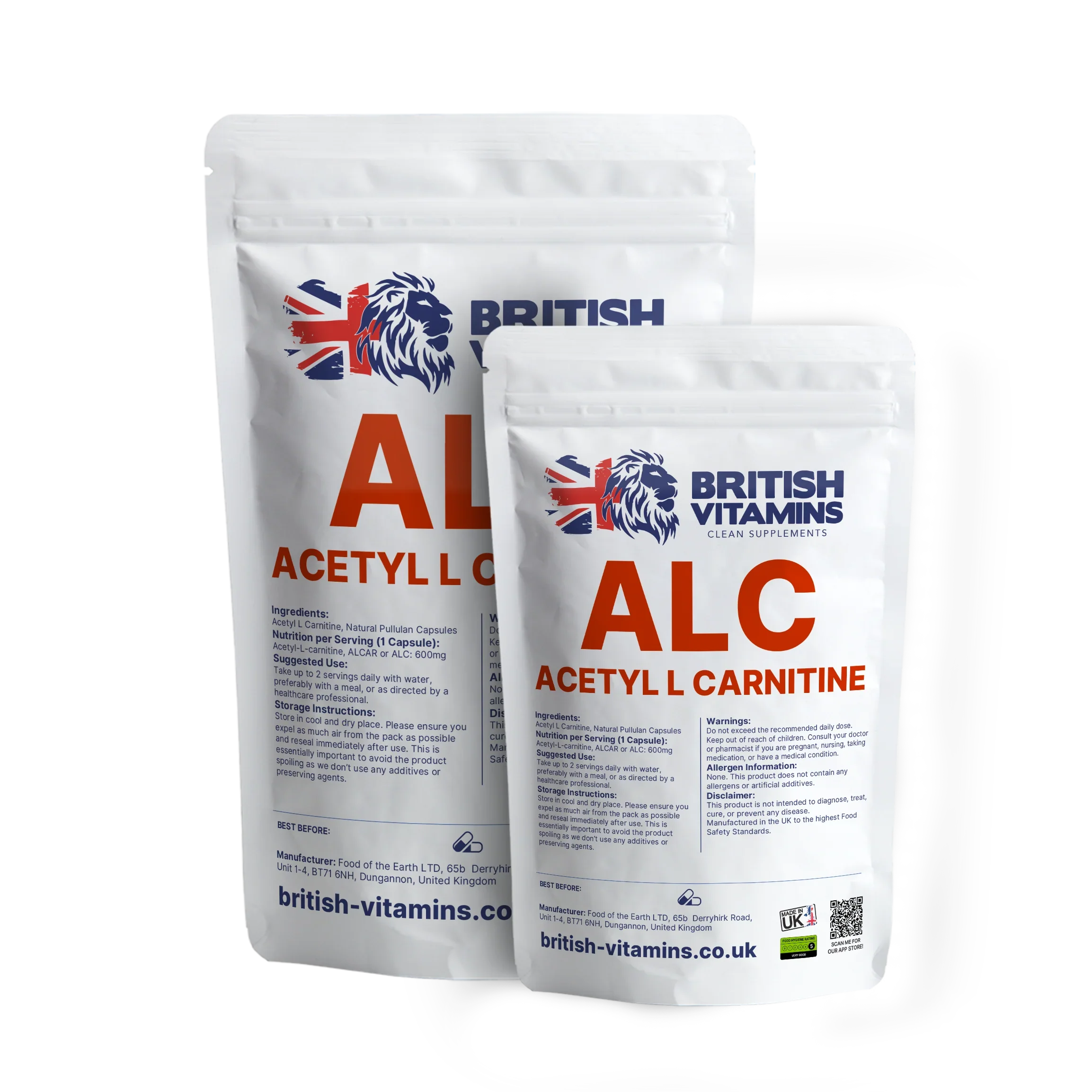 British Vitamins Acetyl L Carnitine ALC food supplement capsules in resealable white pouches