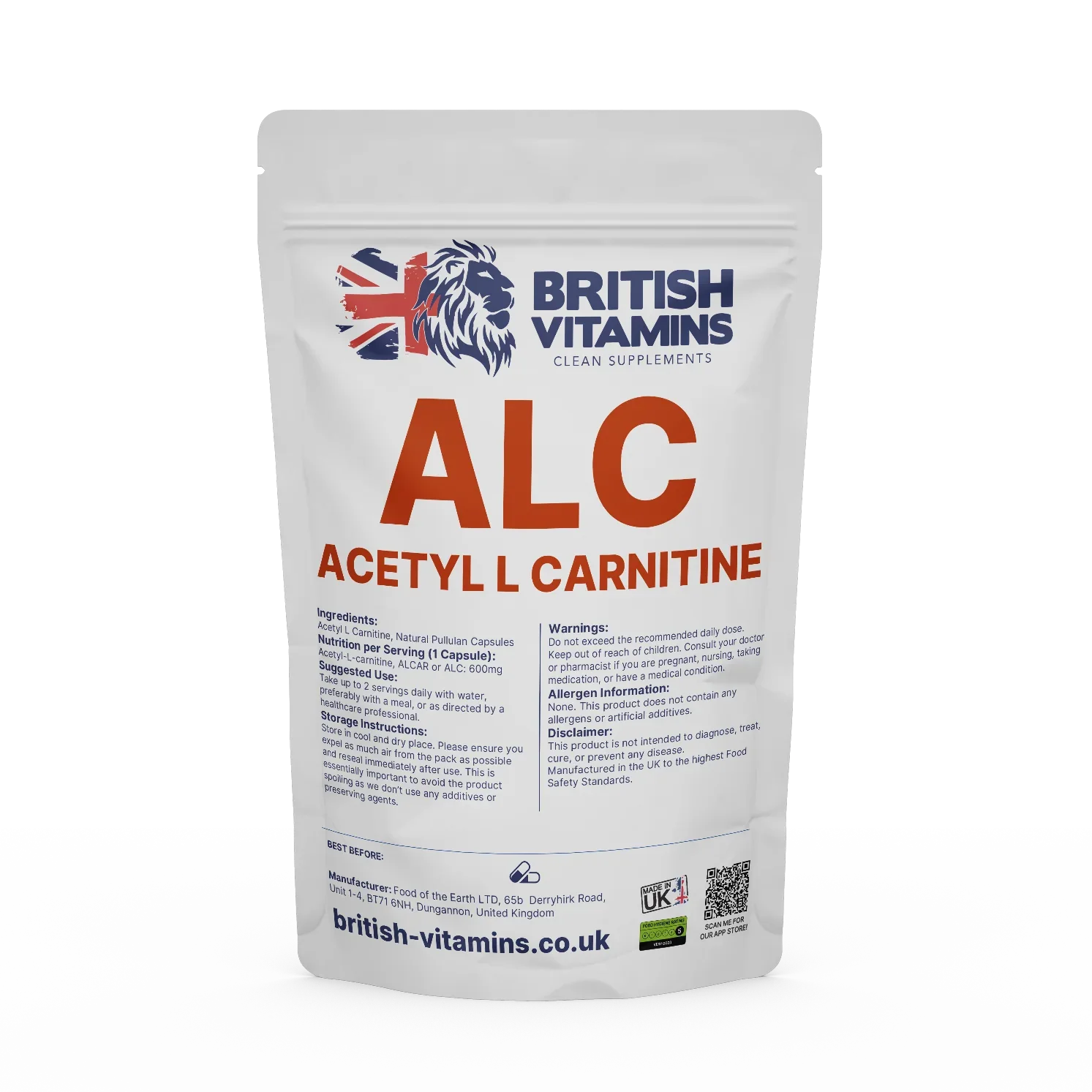 British Vitamins ALC Acetyl L Carnitine capsules food supplement clean supplements category