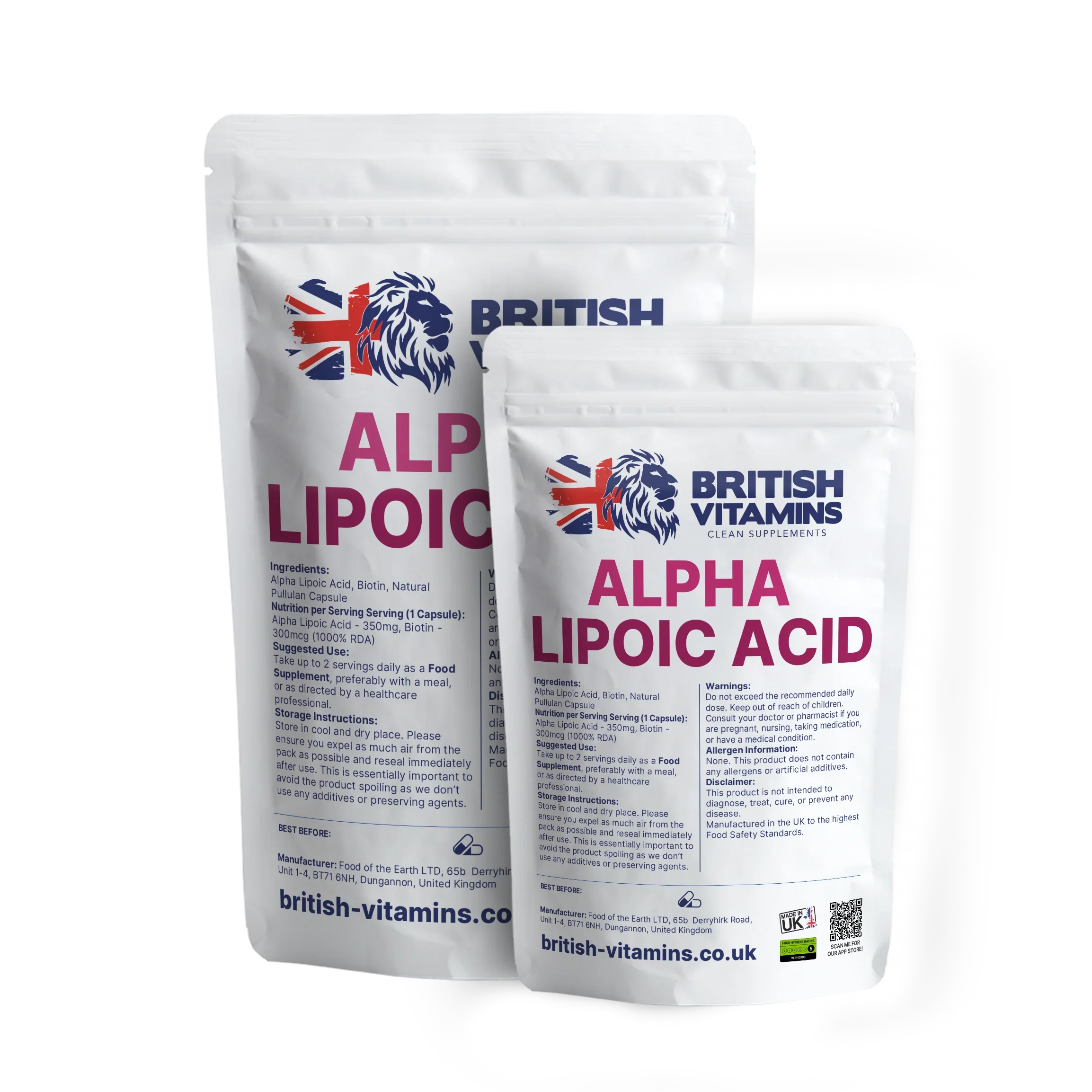 British Vitamins Alpha Lipoic Acid food supplement capsules in resealable pouches from clean supplements collection