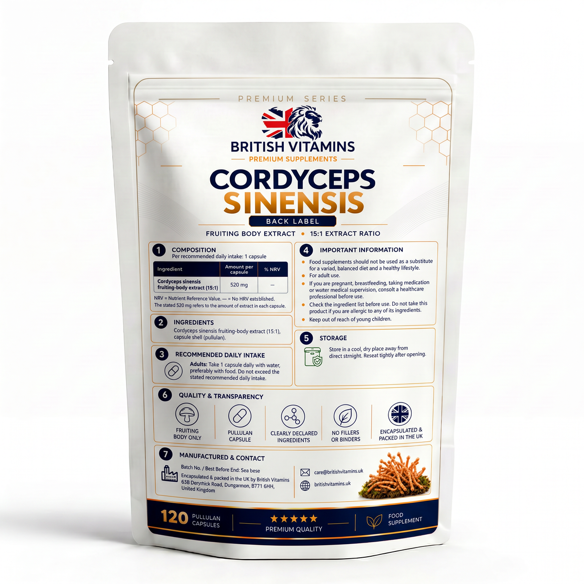 Cordyceps sinensis Fruiting Body Extract 15:1 – 520mg Capsules