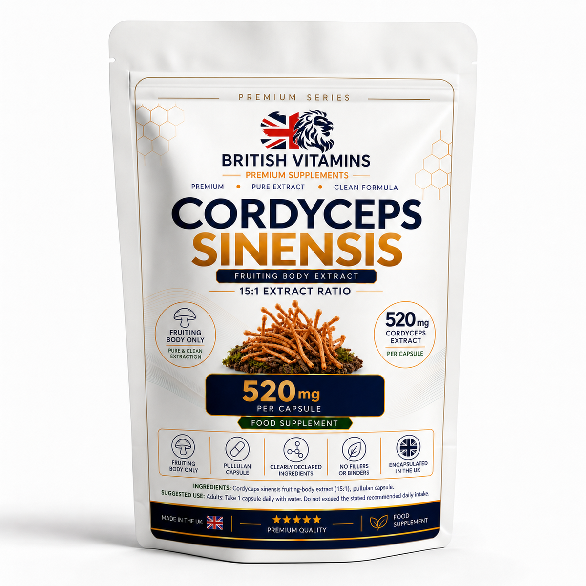 Cordyceps sinensis Fruiting Body Extract 15:1 – 520mg Capsules