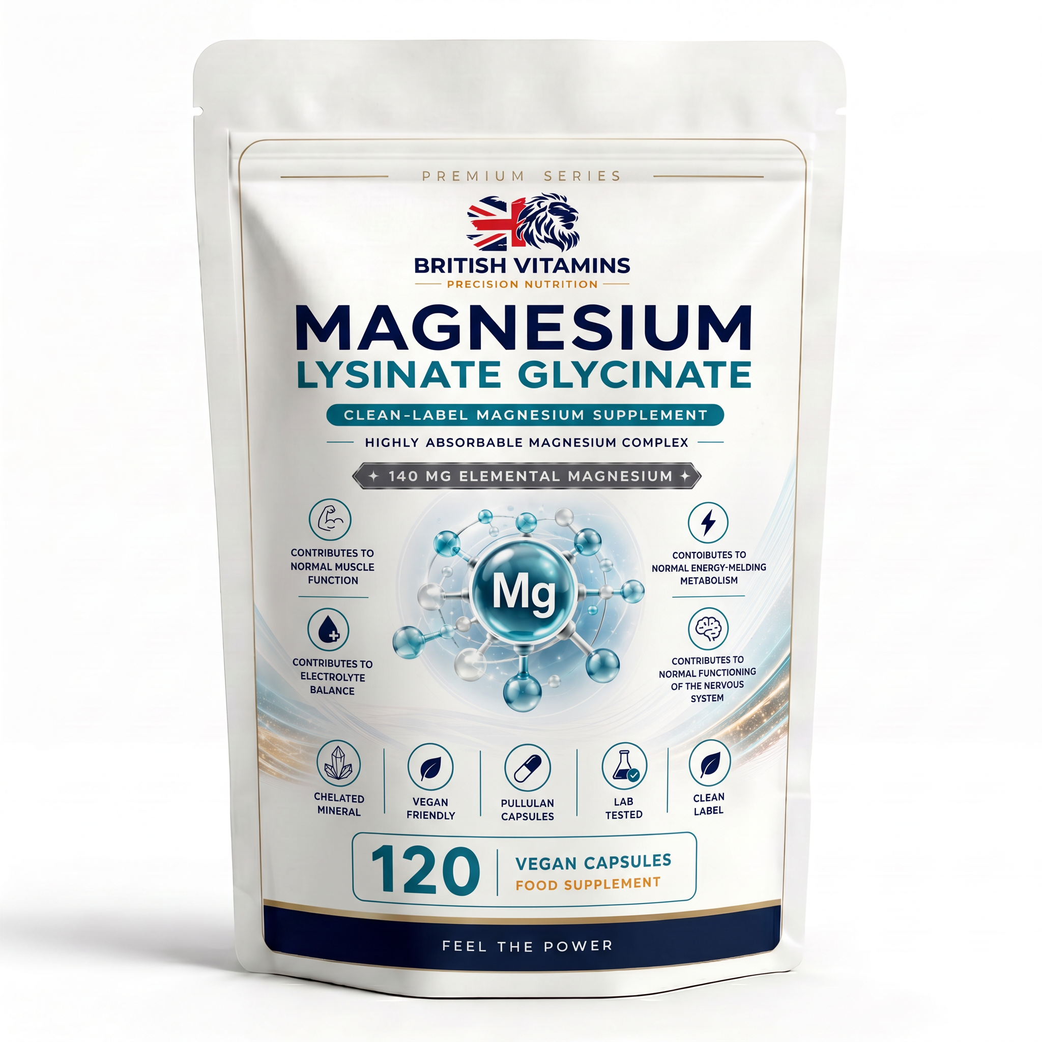 Magnesium Lysinate Glycinate Chelate – 140mg Elemental Magnesium – 120 Capsules