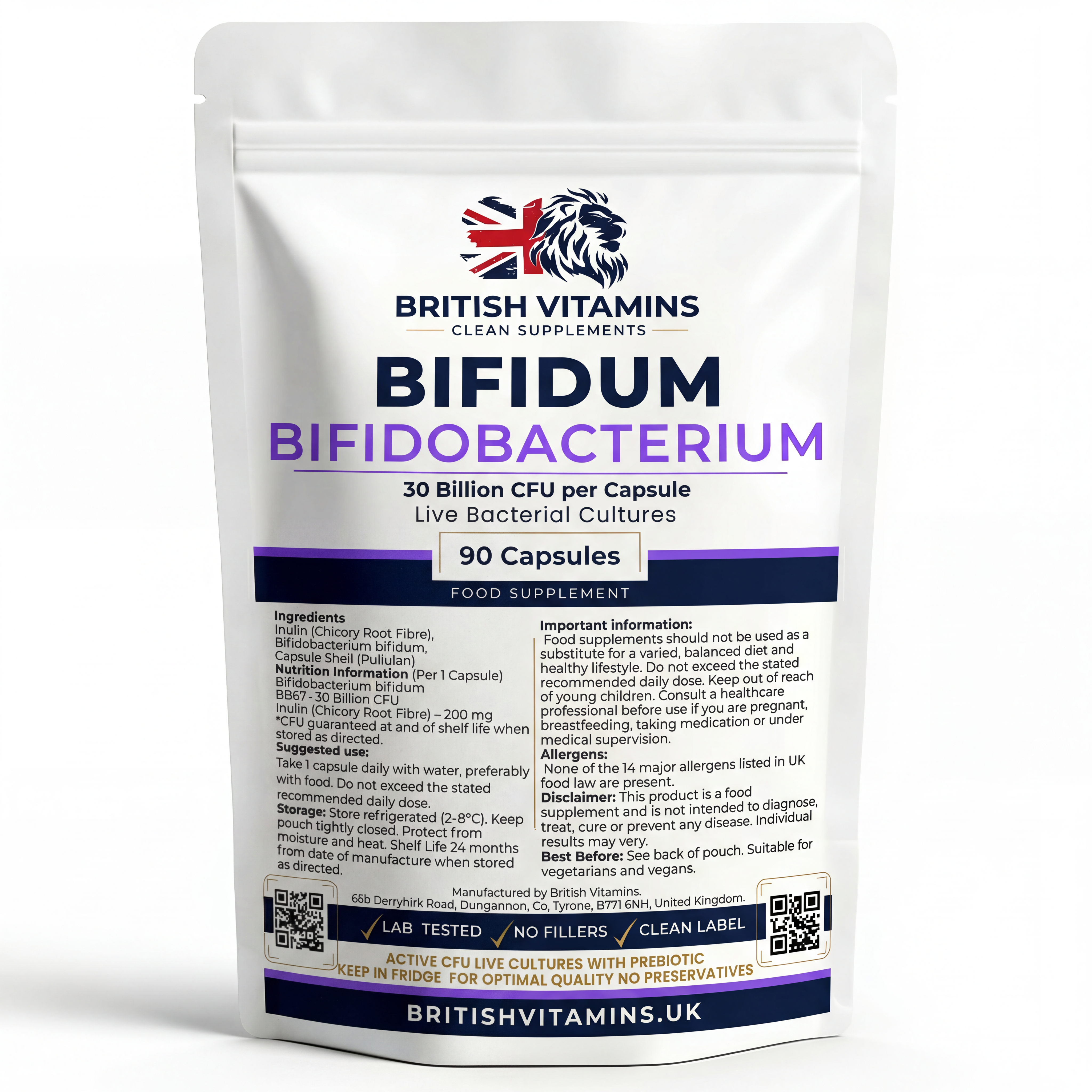 Bifidobacterium Bifidum 30 Billion CFU – Live Cultures with Prebiotic – 90 Capsules