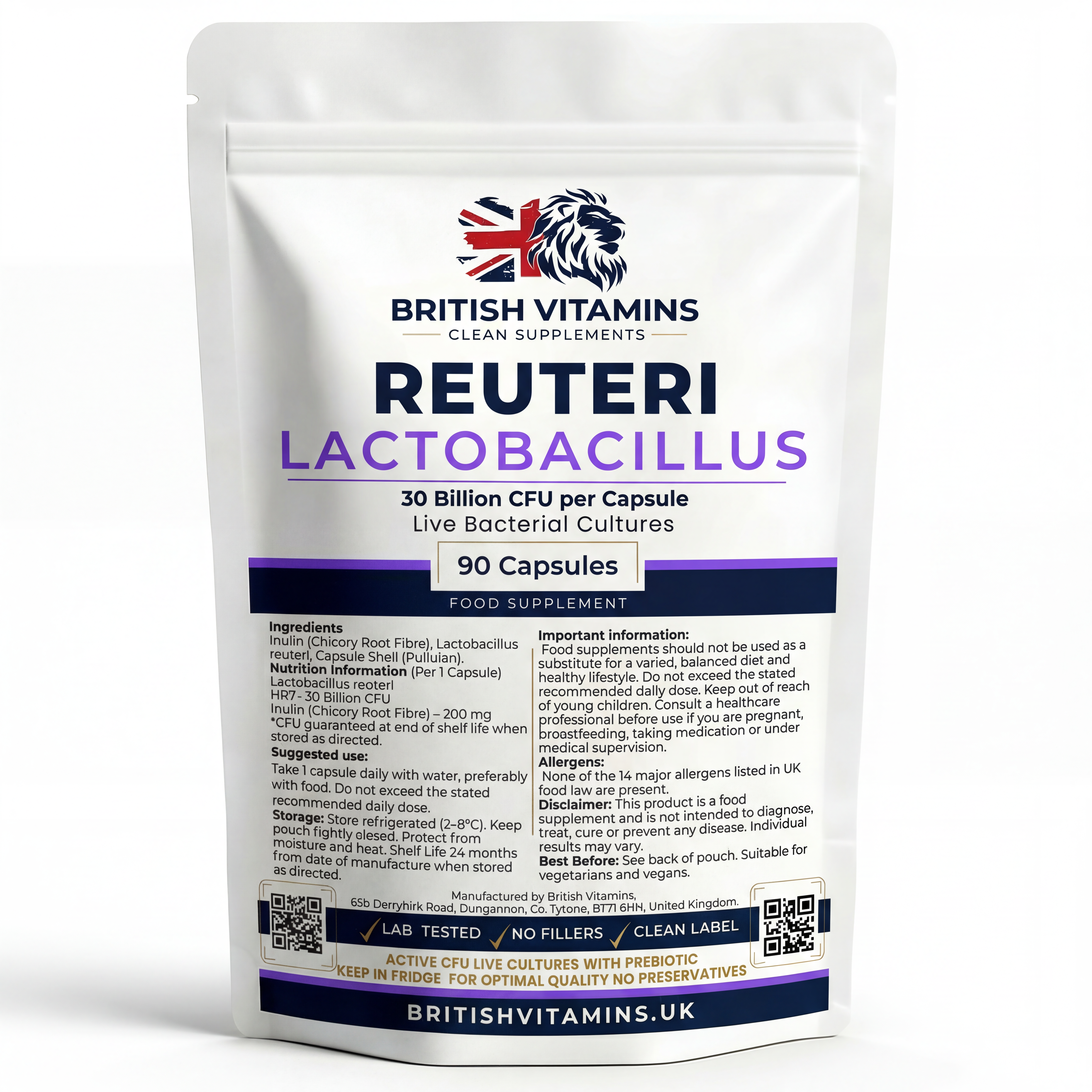 Lactobacillus reuteri 30 Billion CFU – Live Cultures with Prebiotic – 90 Capsules
