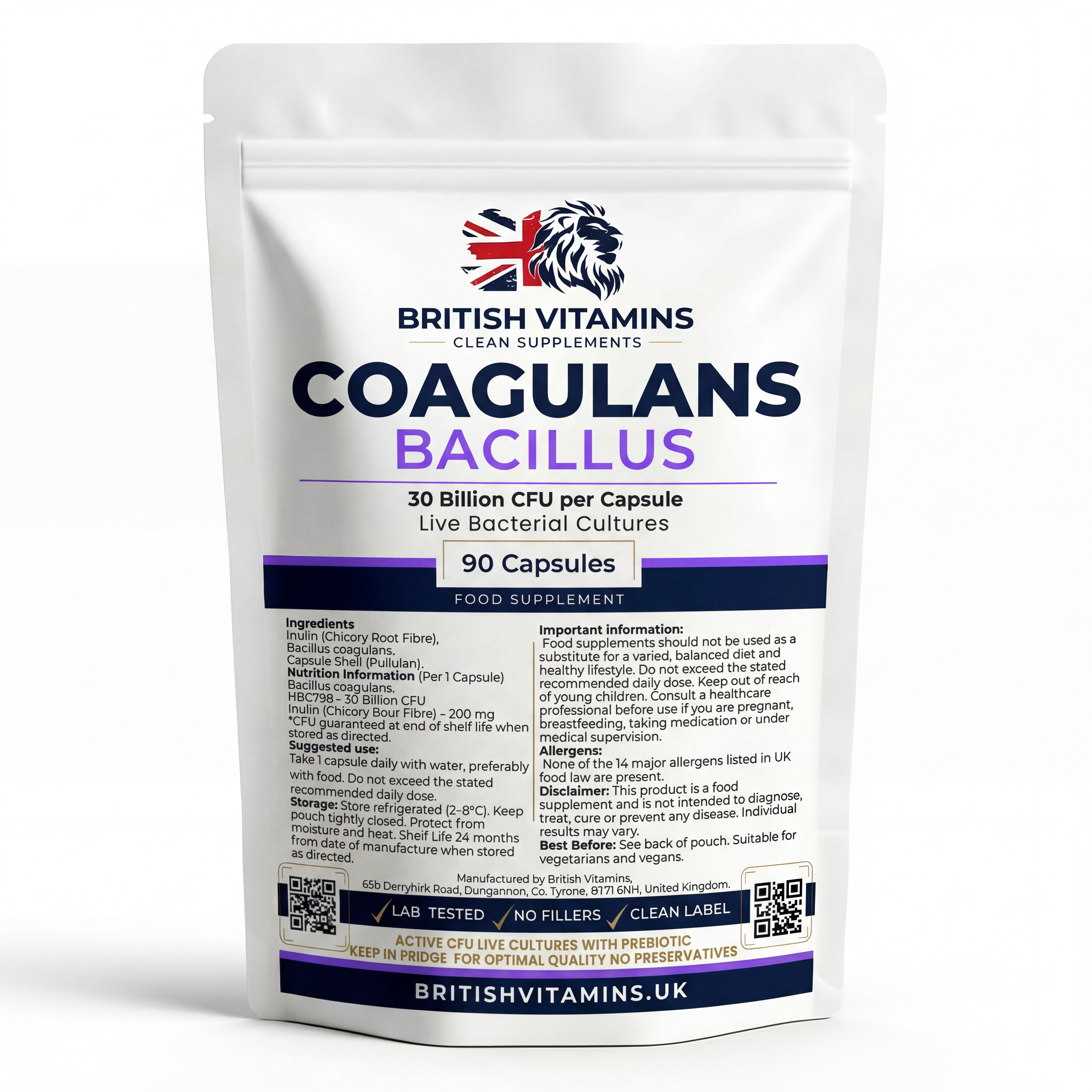 Bacillus Coagulans 30 Billion CFU – Live Cultures with Prebiotic – 90 Capsules
