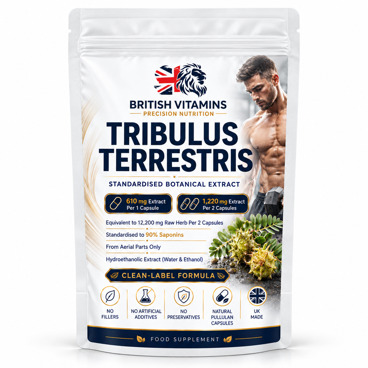 British Vitamins Tribulus Terrestris new pouch design - 610 mg extract per capsule, universal pack image