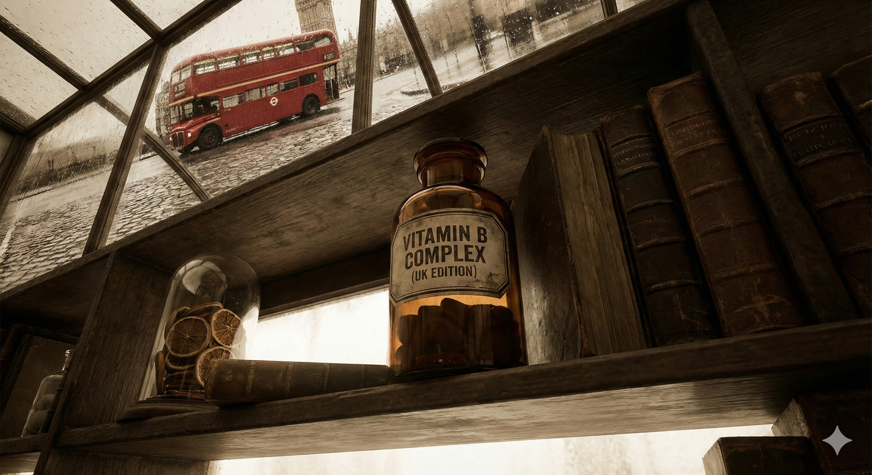 Gemini Vitamin B Complex Food Supplement bottle on wooden shelf with vintage books in UK collection