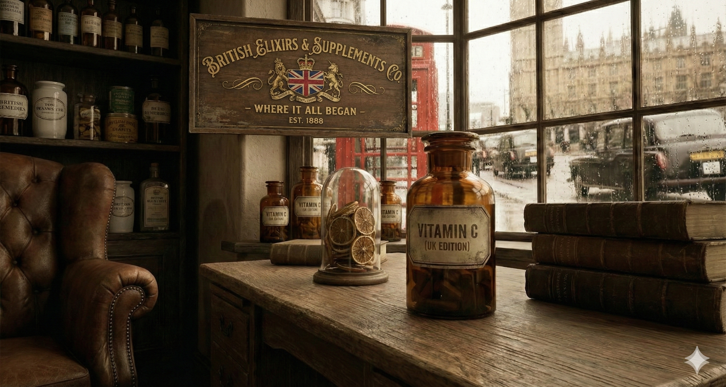British Elixirs & Supplements Co. Vitamin C UK Edition bottles on wooden table in vintage apothecary, food supplement