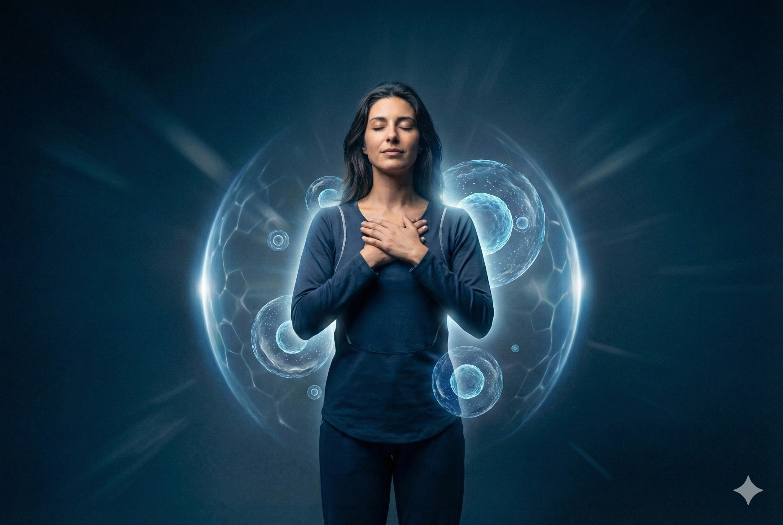 Woman with closed eyes and hands on chest with glowing cells background, NutraGlow Cell Boost Food Supplement