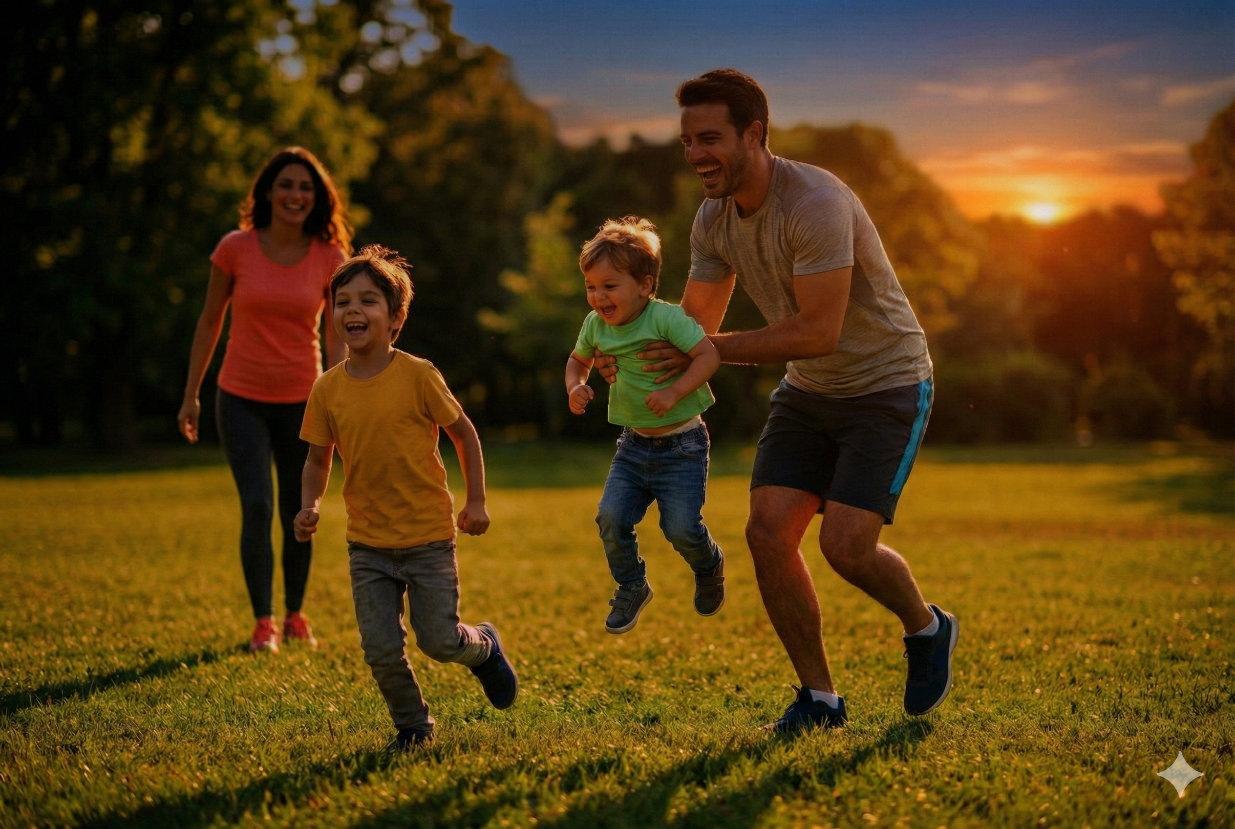 Happy family running and playing outdoors at sunset, promoting energy and vitality, food supplement
