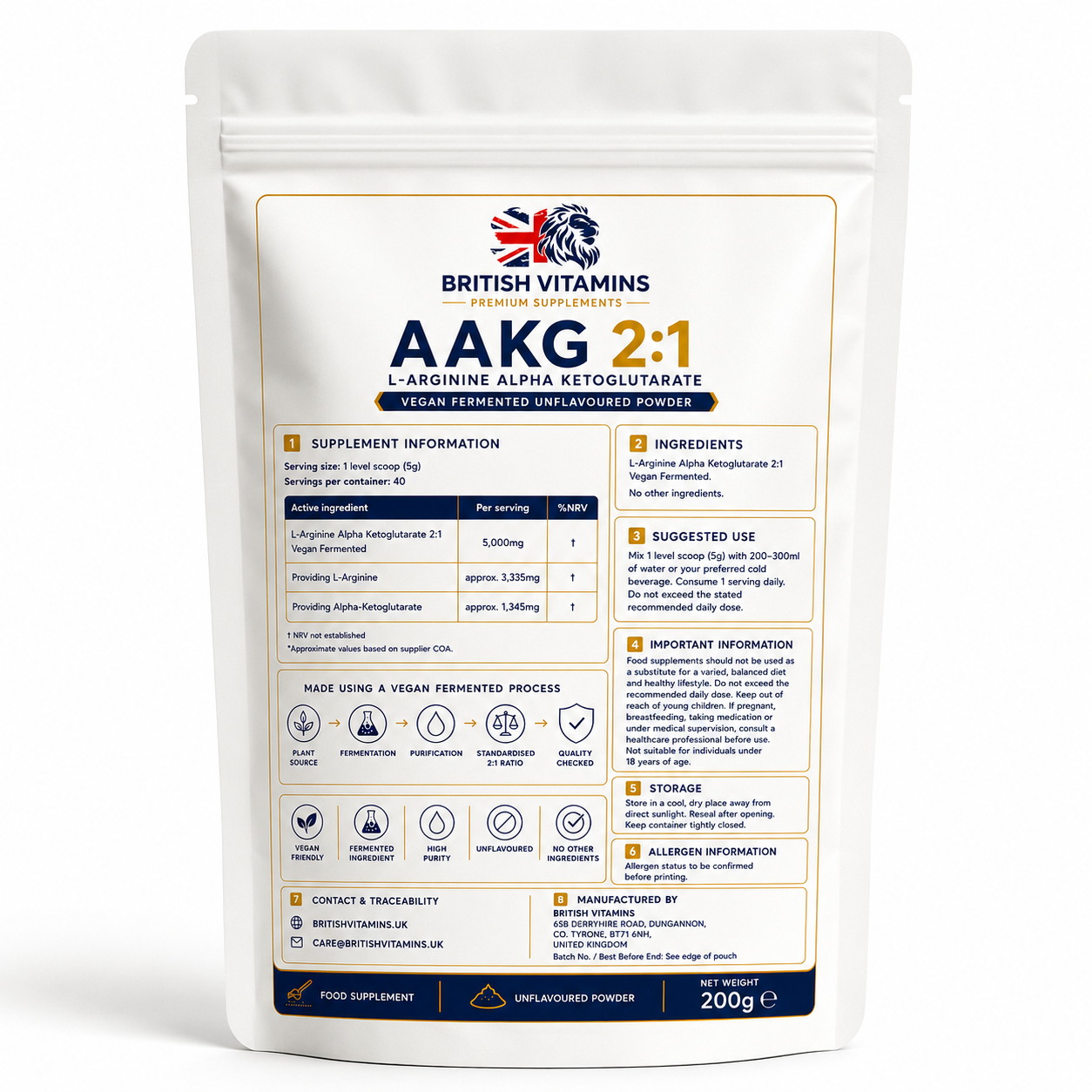 AAKG 2:1 Powder 200g | L-Arginine Alpha Ketoglutarate | Unflavoured | Vegan Fermented