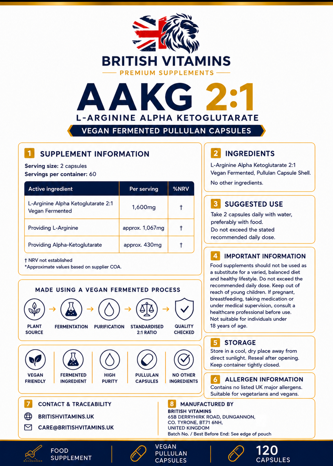 AAKG 2:1 Vegan Fermented Pullulan Capsules – 120 Capsules