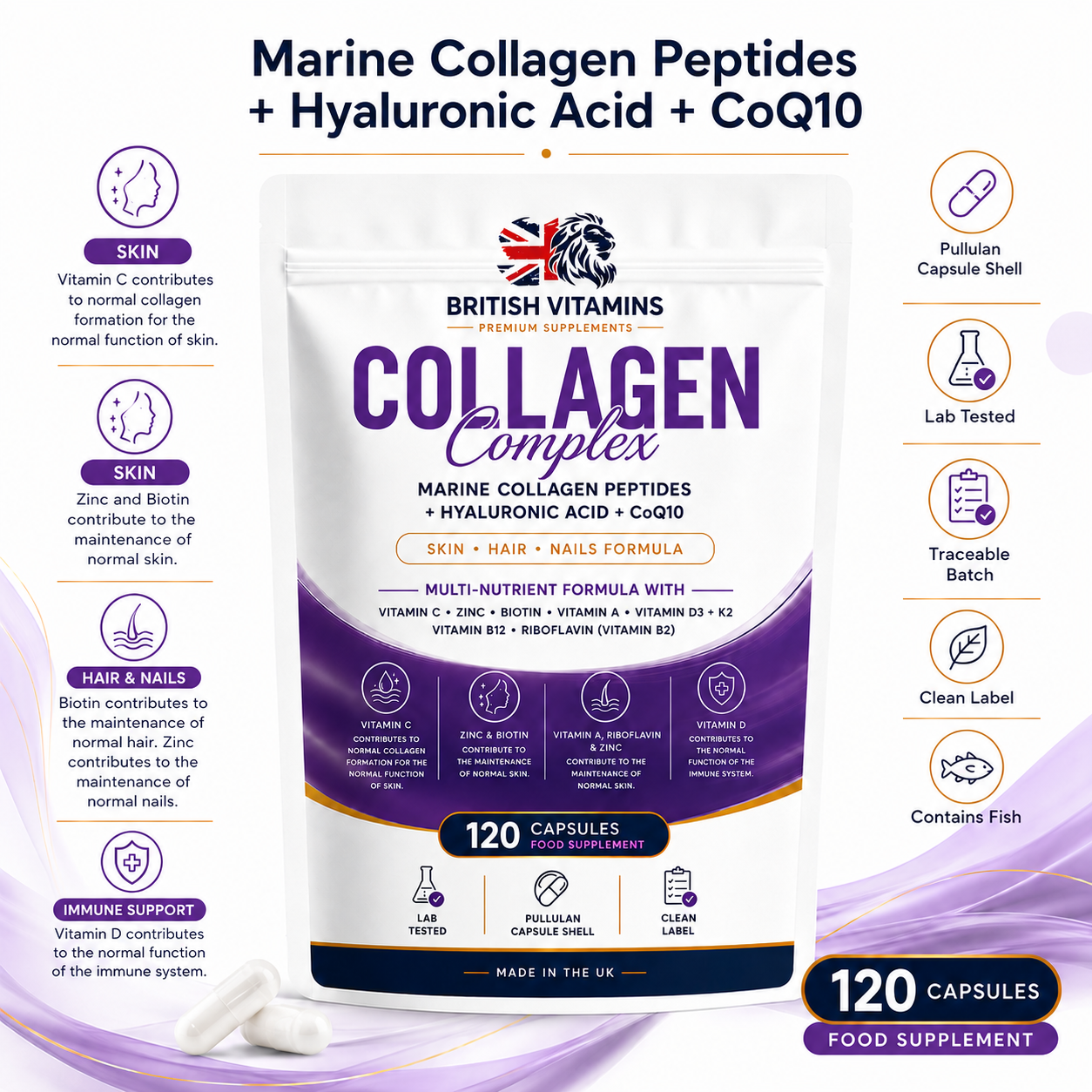 Collagen Marine,Hyaluronic Acid, CoQ10 & Multivitamins – A, C, D3, E, K2, B2, B12, Biotin, Zinc