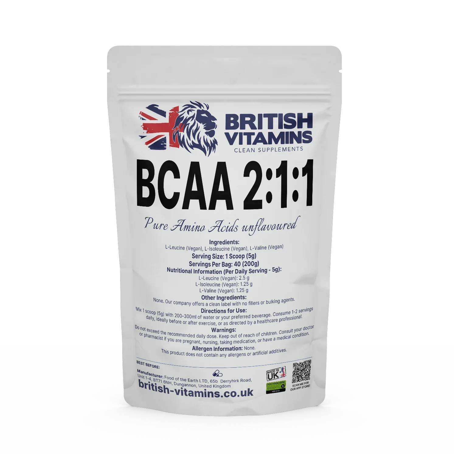 BCAA 2:1:1 Powder unflavoured - BritishVitaminsuk