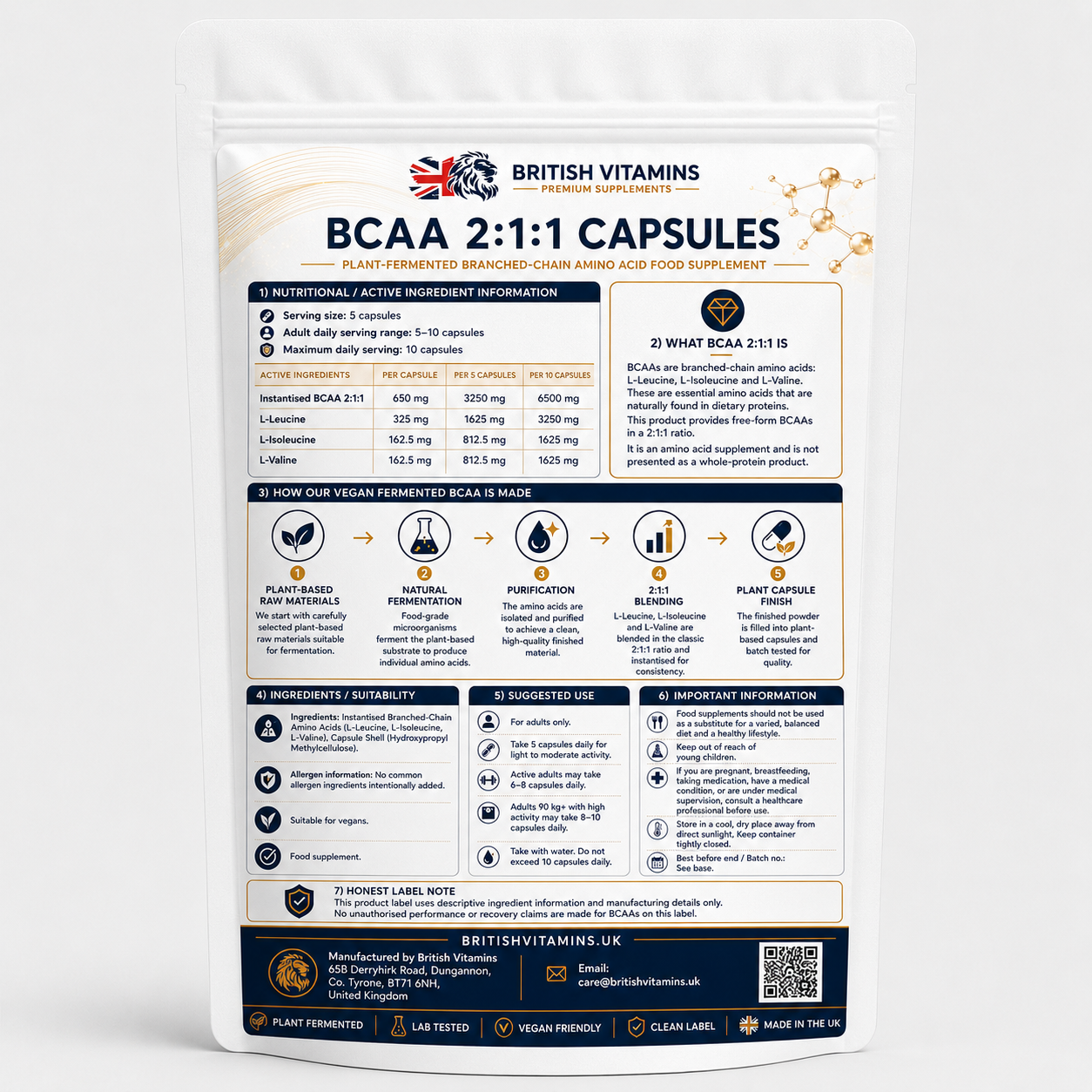 BCAA 2:1:1 Vegan Capsules 650mg | British Vitamins