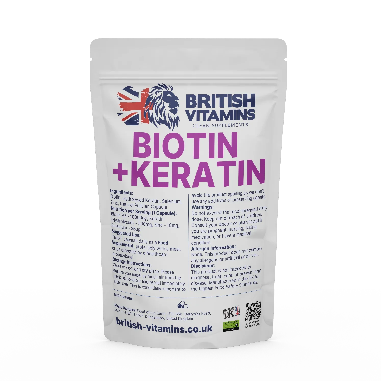 Biotin 10000mcg Hydrolysed Keratin Selenium Zinc Health & Beauty:Vitamins & Lifestyle Supplements:Vitamins & Minerals British Vitamins 30 Capsules