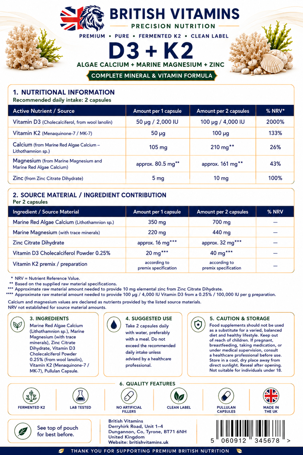 Vitamin D3 4000 IU + K2 MK-7 with Red Algae Calcium, Marine Magnesium & Zinc