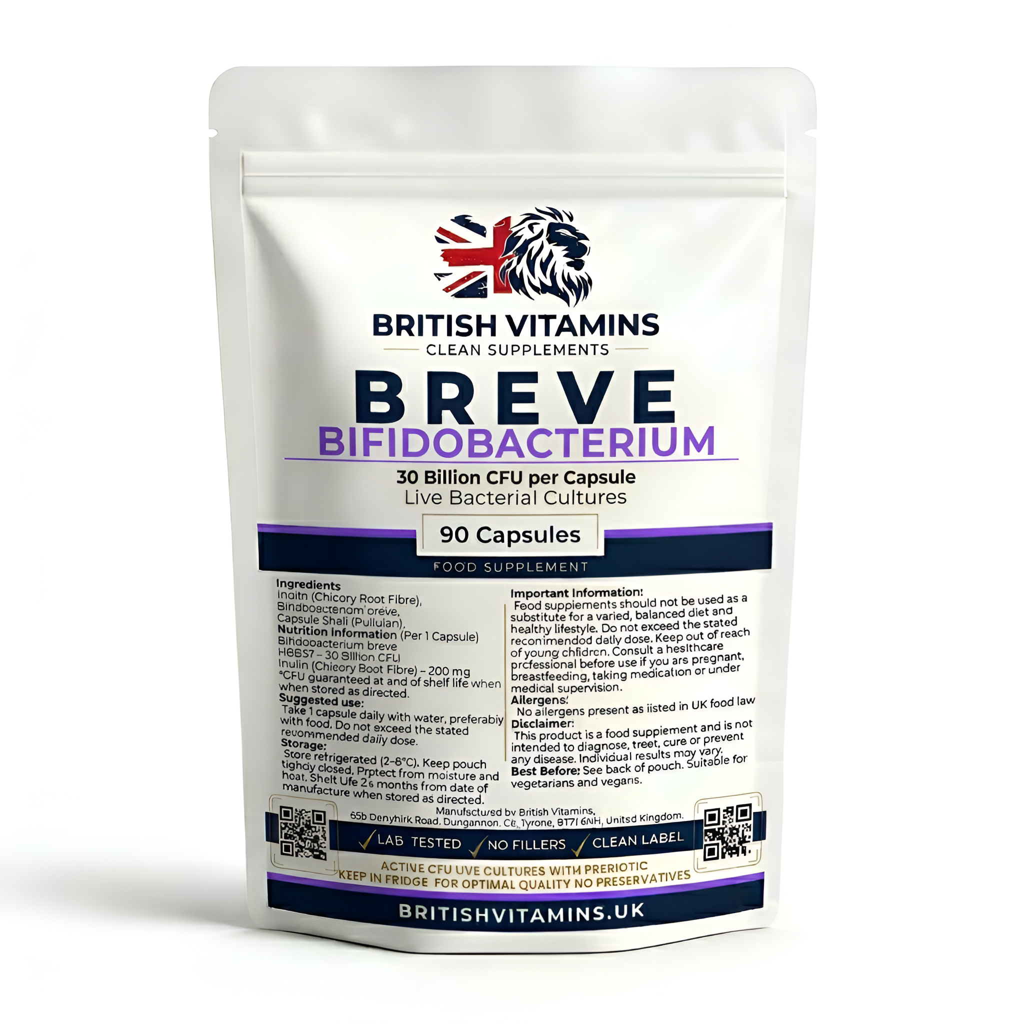 Bifidobacterium breve 30 Billion CFU – Live Cultures with Prebiotic – 90 Capsules