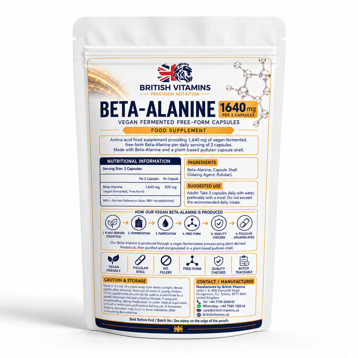 British Vitamins Beta-Alanine — universal back pouch mockup with ingredients, directions and Derryhirk Road contact details
