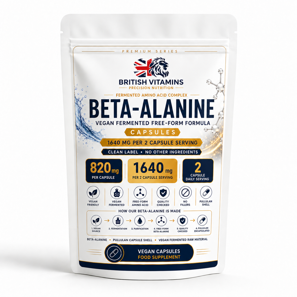 British Vitamins Beta-Alanine 1640 mg per 2 capsules — universal front pouch mockup without pack quantity