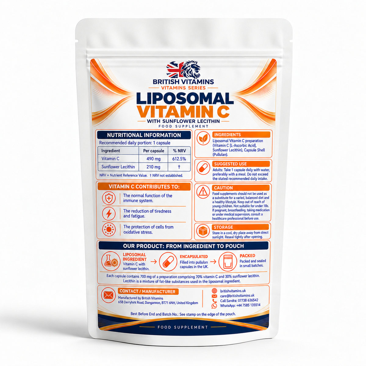 British Vitamins Liposomal Vitamin C – back label, ingredients and directions