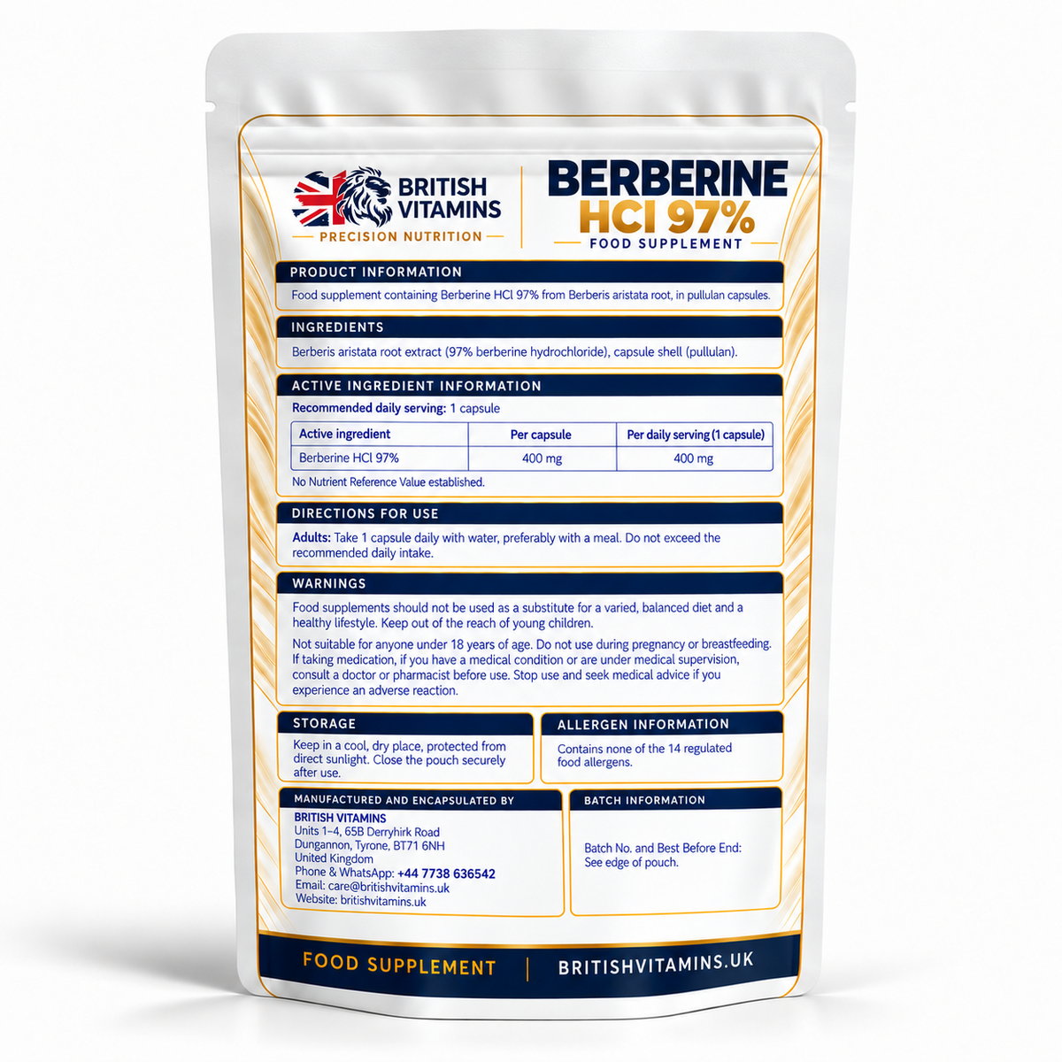 A white stand-up pouch of British Vitamins Berberine HCl 97% food supplement, showing the back panel with product information, ingredients, directions, warnings, storage, and allergen details on a white background.