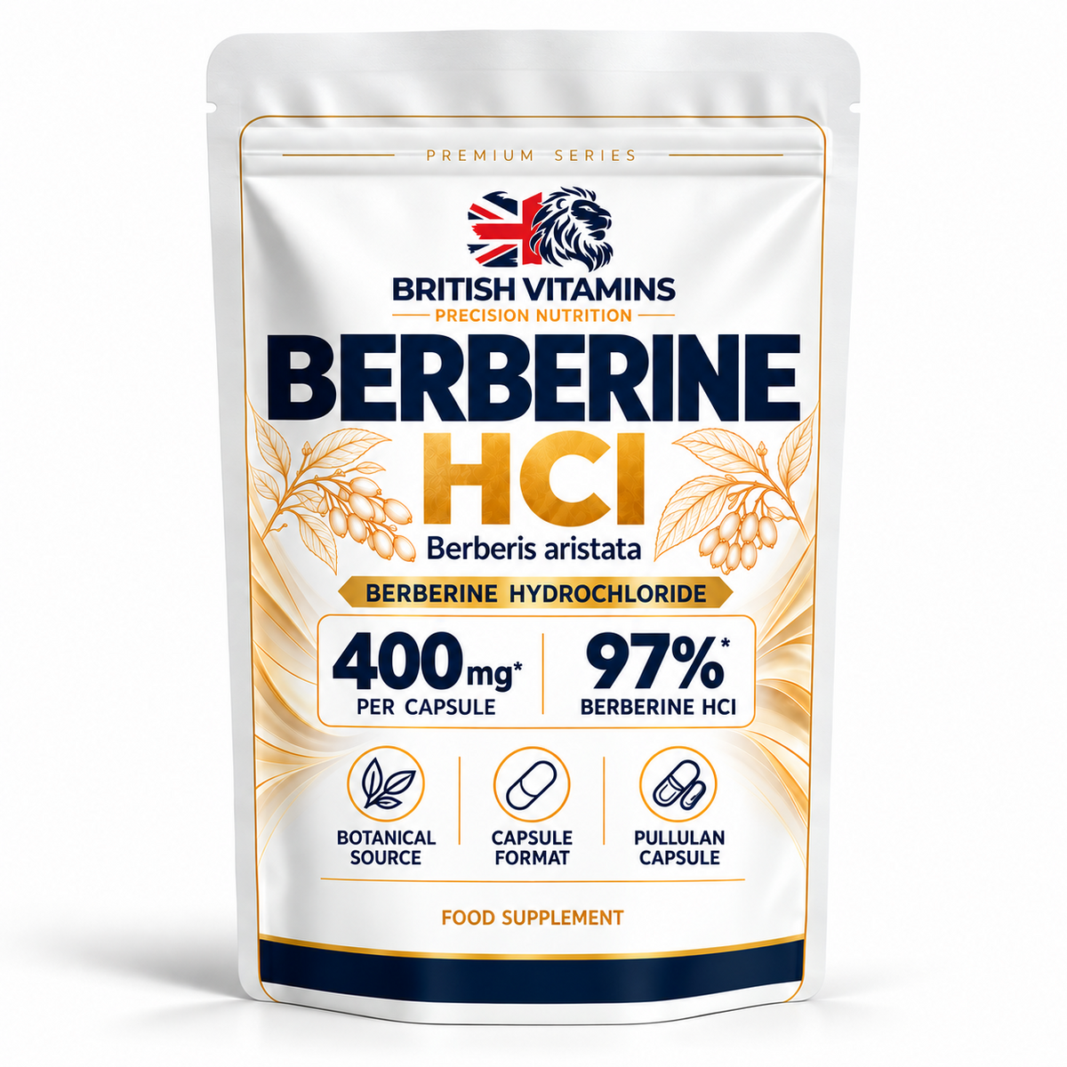 A stand-up pouch of British Vitamins Berberine HCI food supplement, featuring a white background with gold and navy blue text and graphics, and a lion logo at the top.