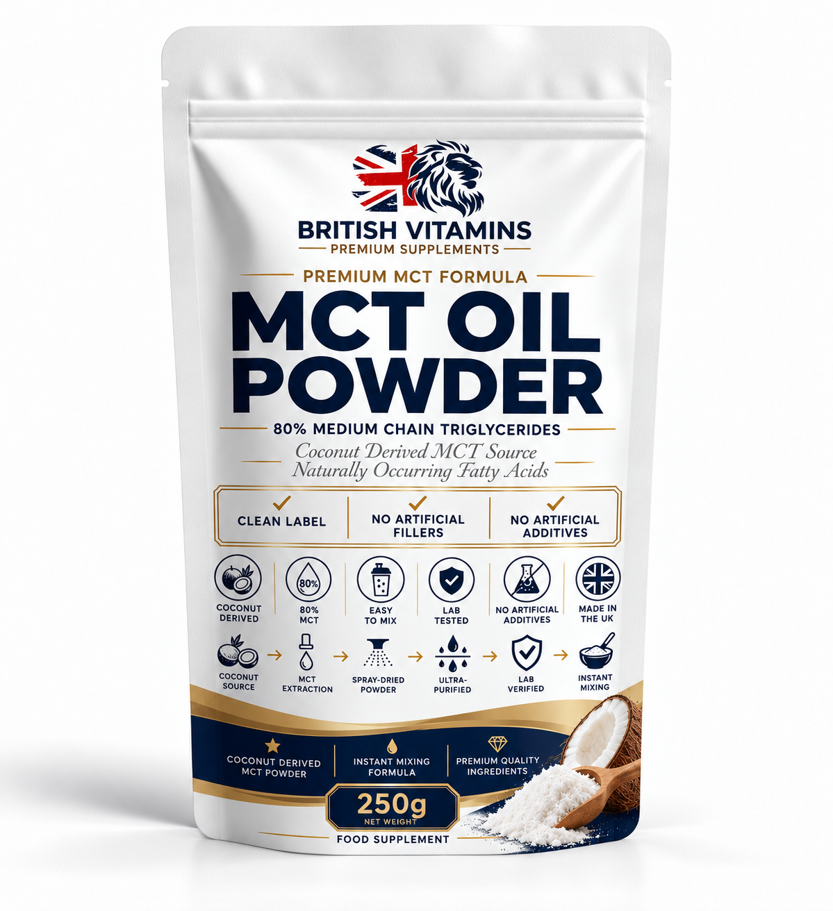 MCT Oil Powder Medium Chain Triglycerides from 100% Coconut Oil Clean-Label  250g