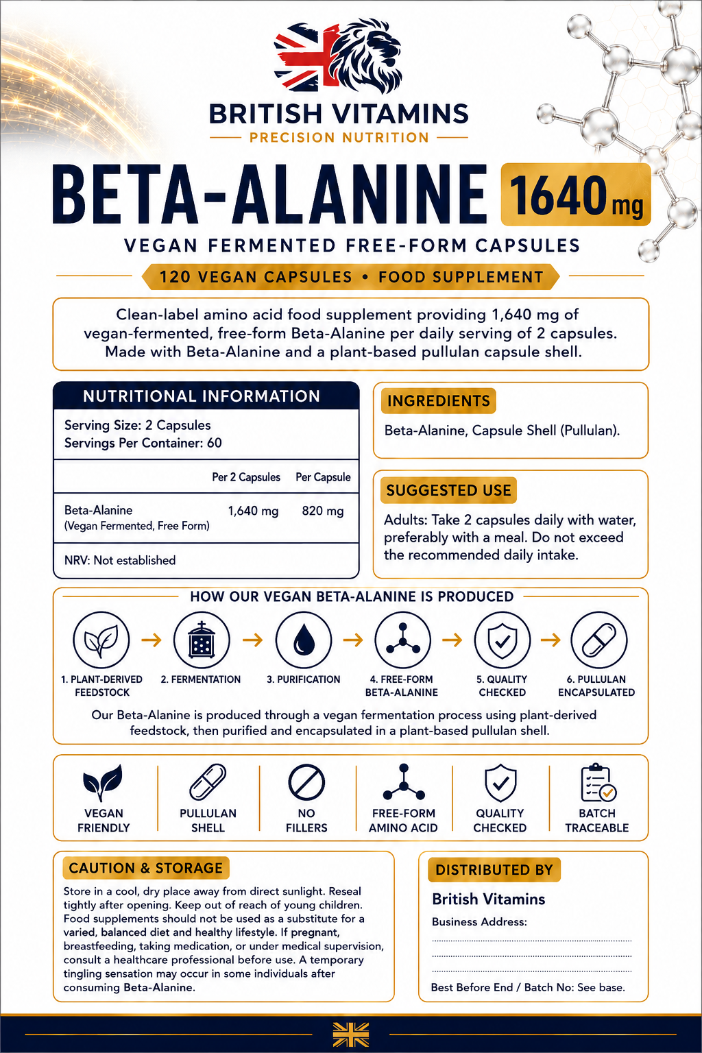 Beta-Alanine 1640 mg — Vegan Fermented Free-Form Amino Acid Capsules — Clean Label — 120 Vegan Capsules