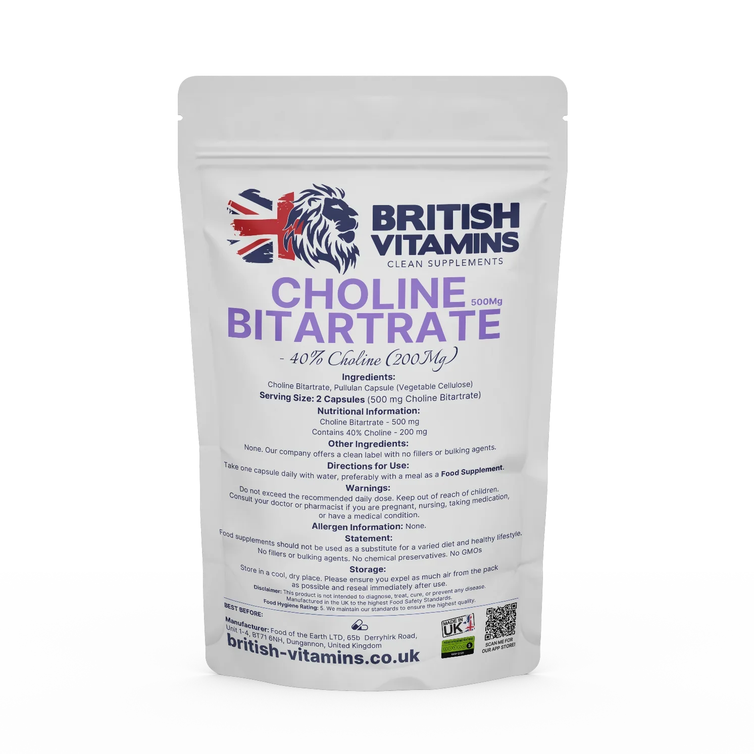 Choline Bitartrate 500mg Health & Beauty:Vitamins & Lifestyle Supplements:Vitamins & Minerals British Vitamins 5 Capsules (Sample)
