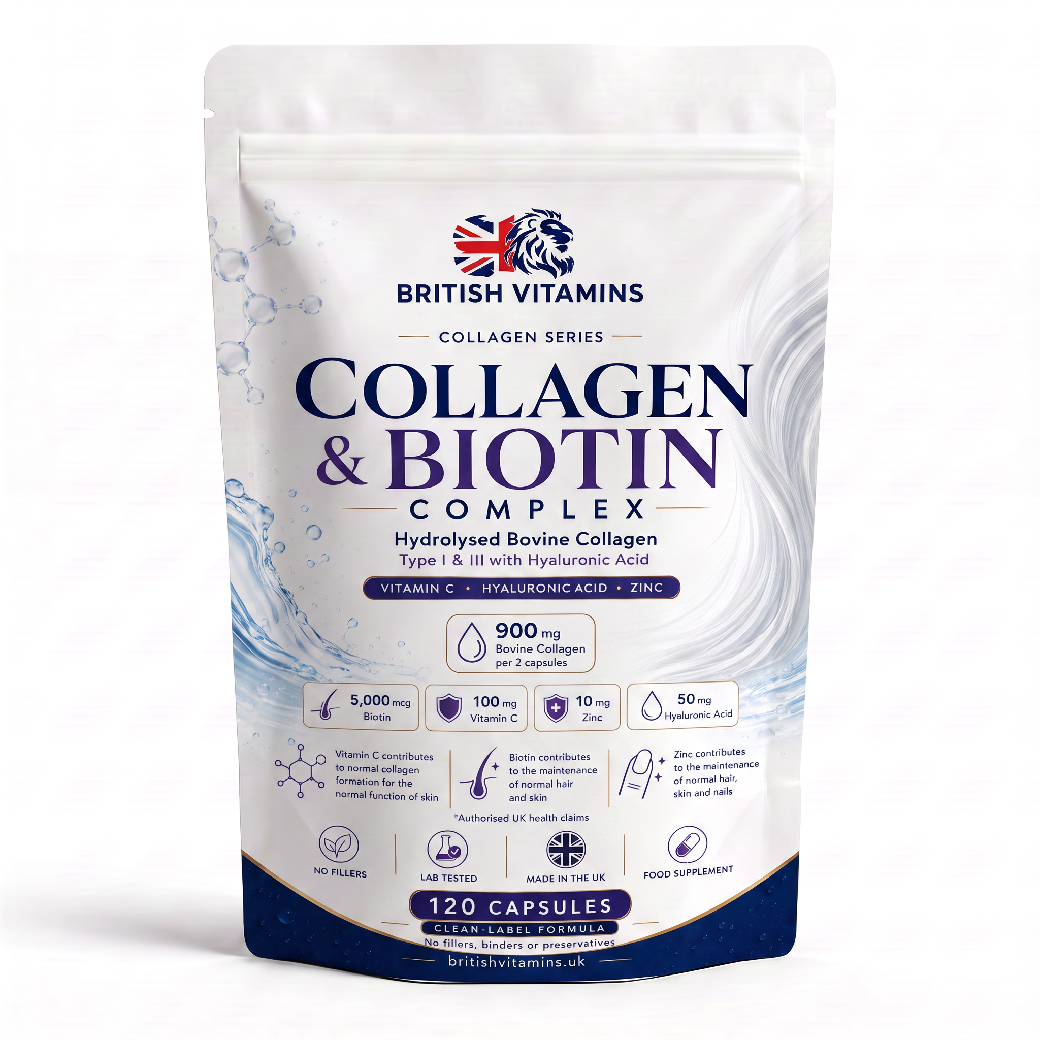 Collagen & Biotin Complex – Bovine Collagen, Vitamin C, Zinc & Hyaluronic Acid – 120 Capsules