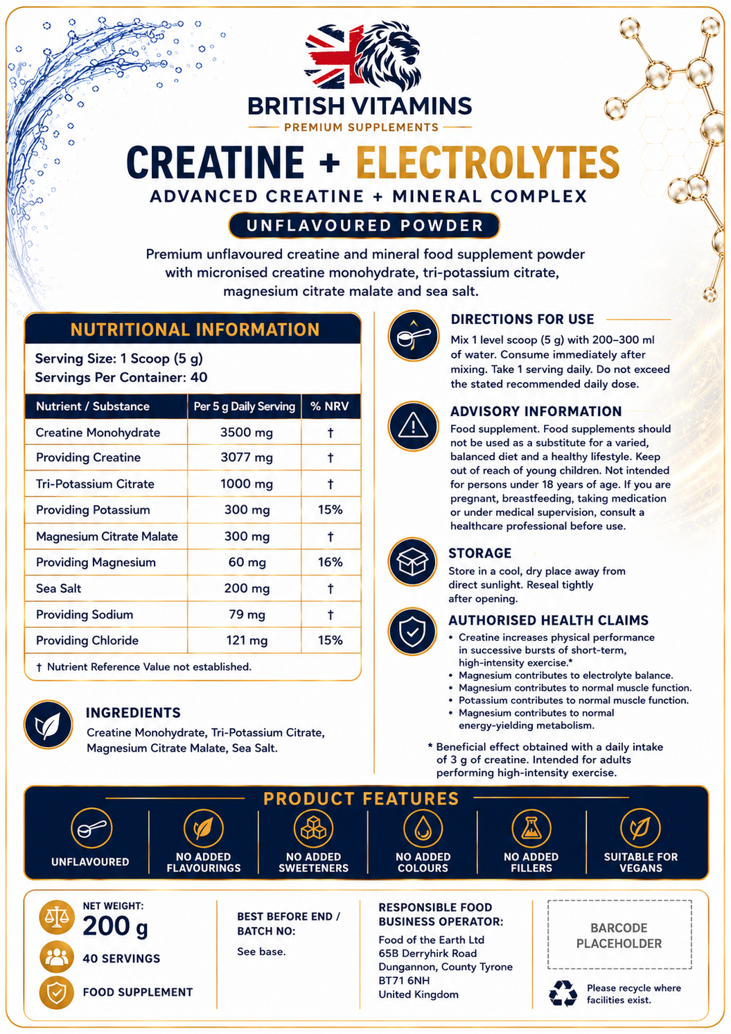 Creatine + Electrolytes Powder 200g | 40 Servings