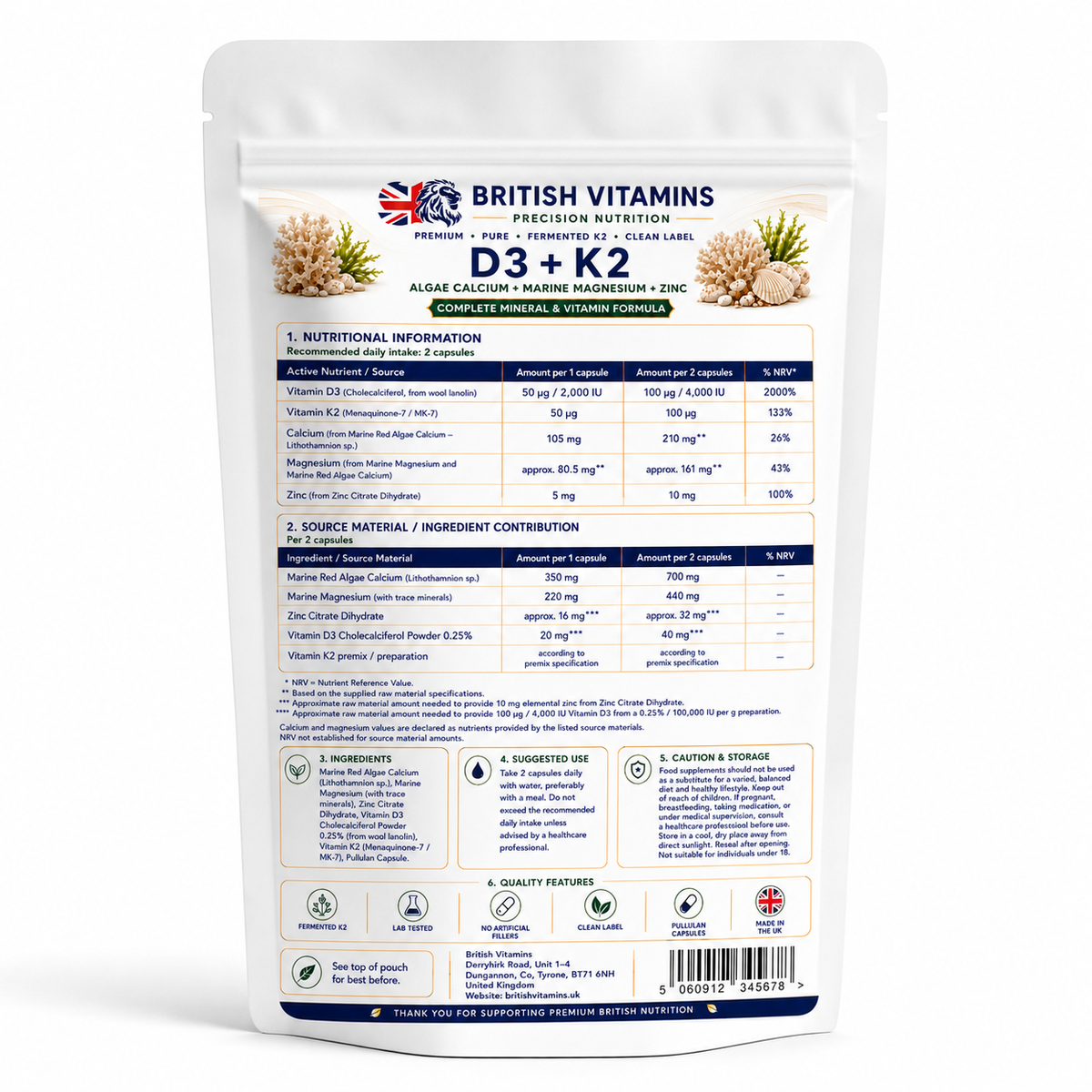 Vitamin D3 4000 IU + K2 MK-7 with Red Algae Calcium, Marine Magnesium & Zinc