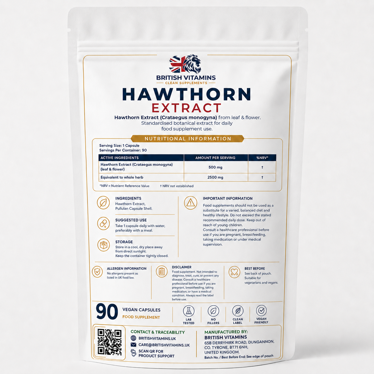 Hawthorn Leaf & Flower Extract 500mg — 90 Pullulan Capsules