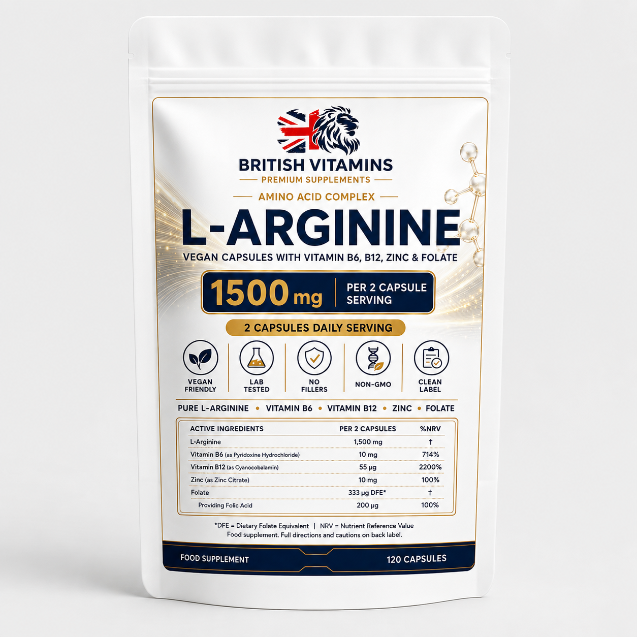 L-Arginine 1500mg + B6, B12, Zinc & Folate | British Vitamins