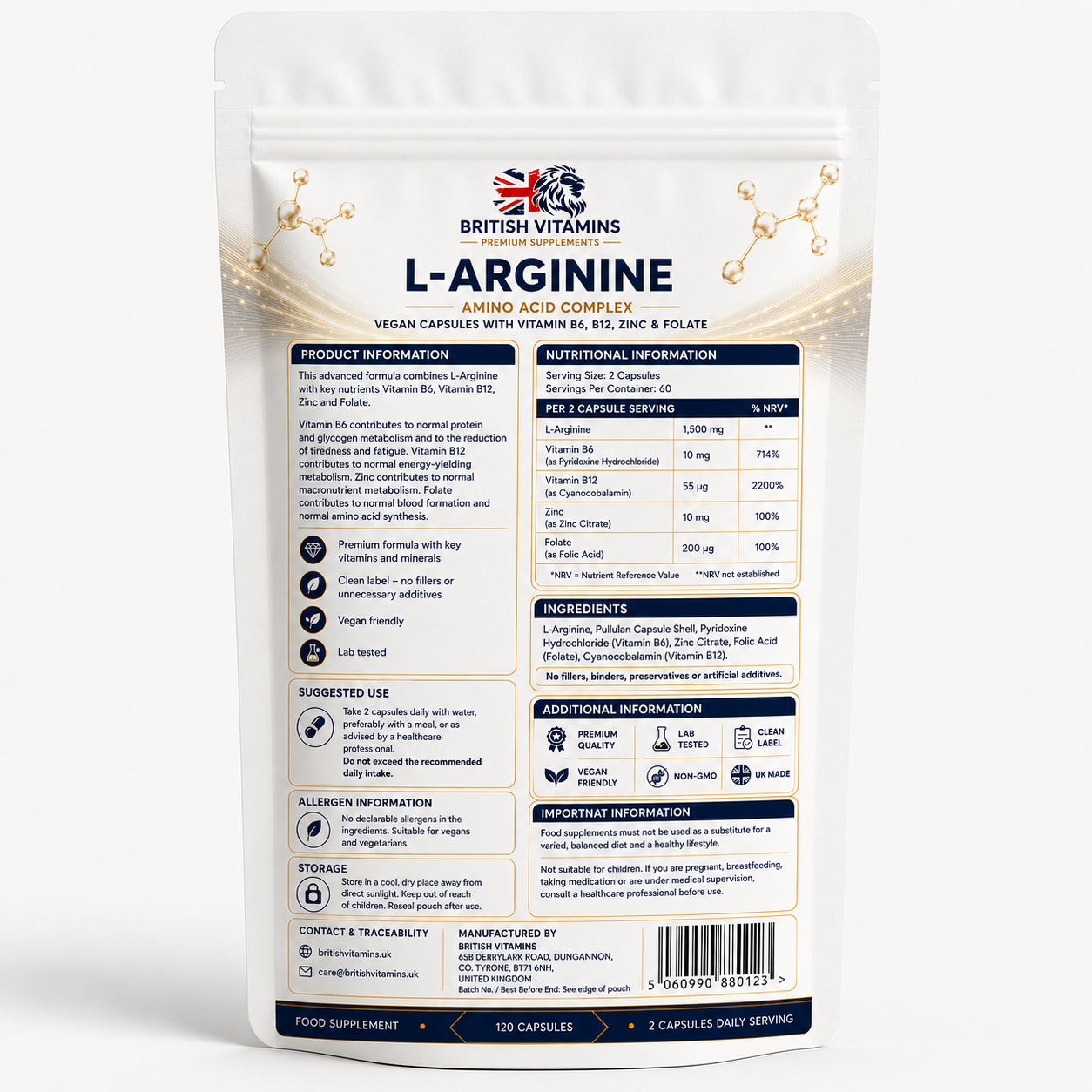 L-Arginine 1500mg + B6, B12, Zinc & Folate | British Vitamins
