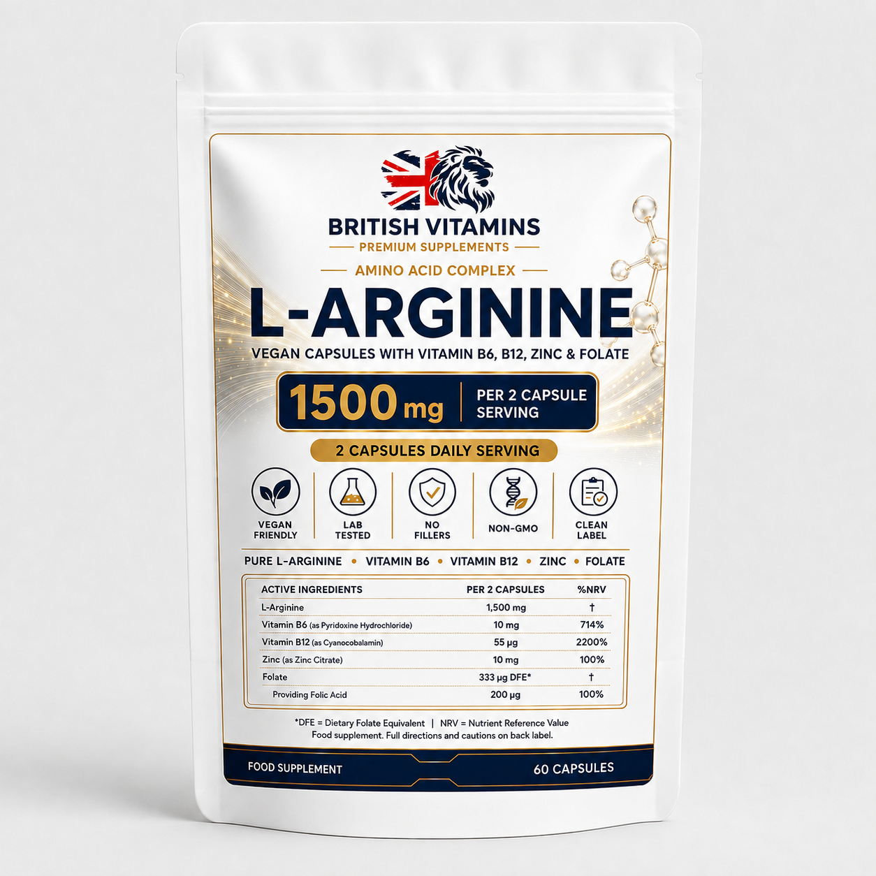 L-Arginine 1500mg + B6, B12, Zinc & Folate | British Vitamins