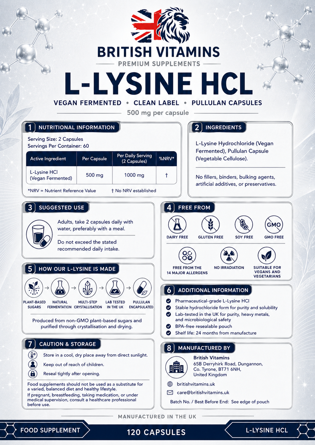 L-Lysine HCl 500mg Vegan Fermented Capsules - 120 Capsules