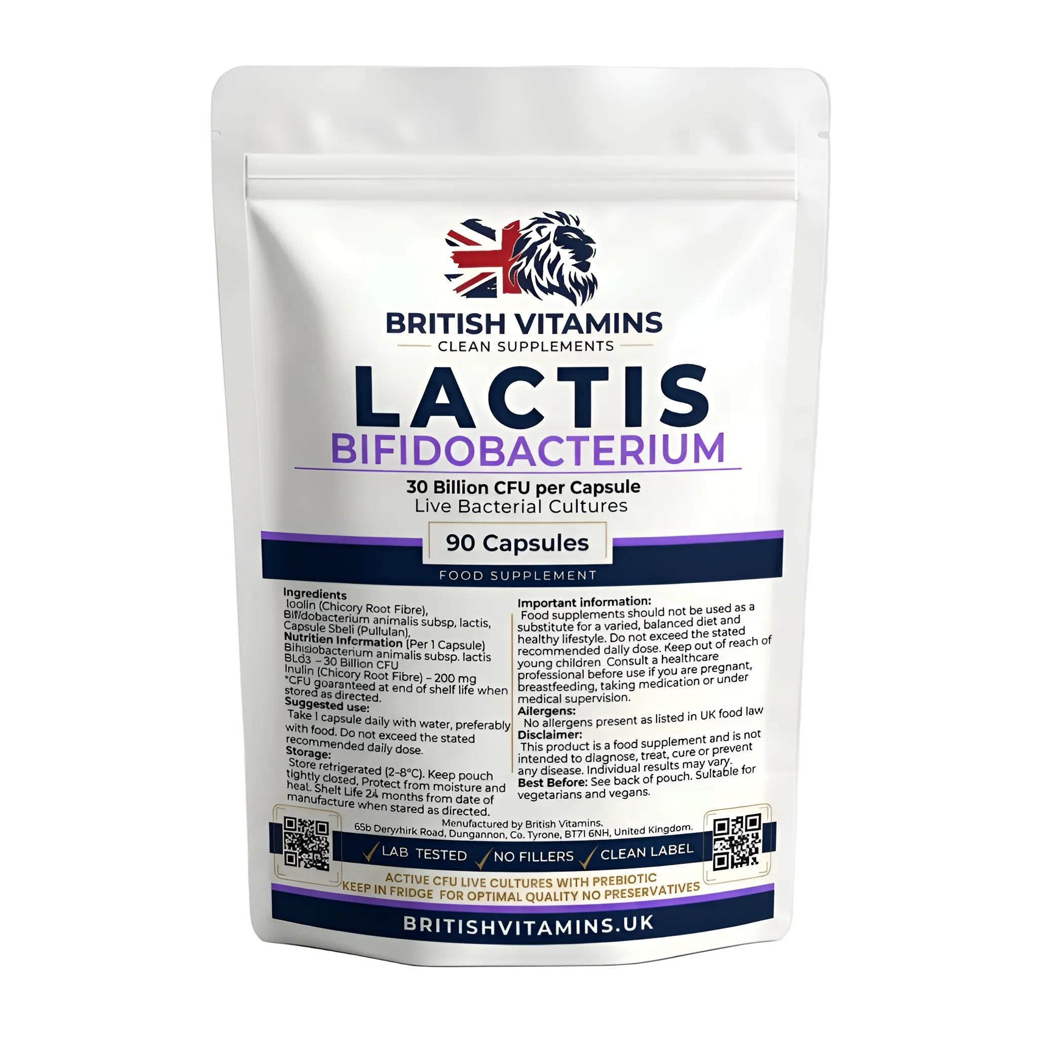 Packaging of British Vitamins LACTIS Bifidobacterium supplement on a white background
